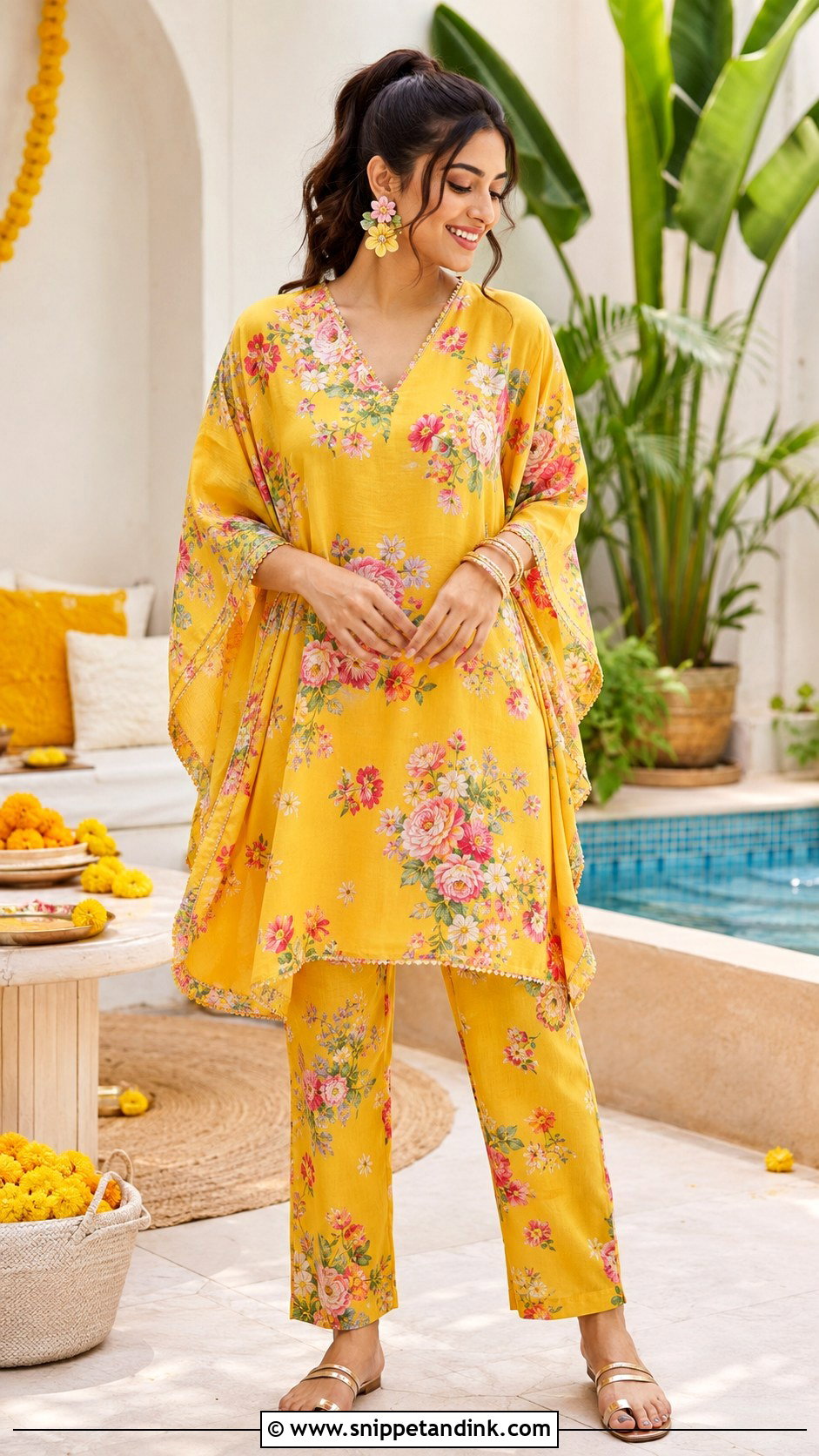Floral Kaftan Set Haldi Outfit - Snippet and Ink - 20 Floral Haldi Outfit Ideas