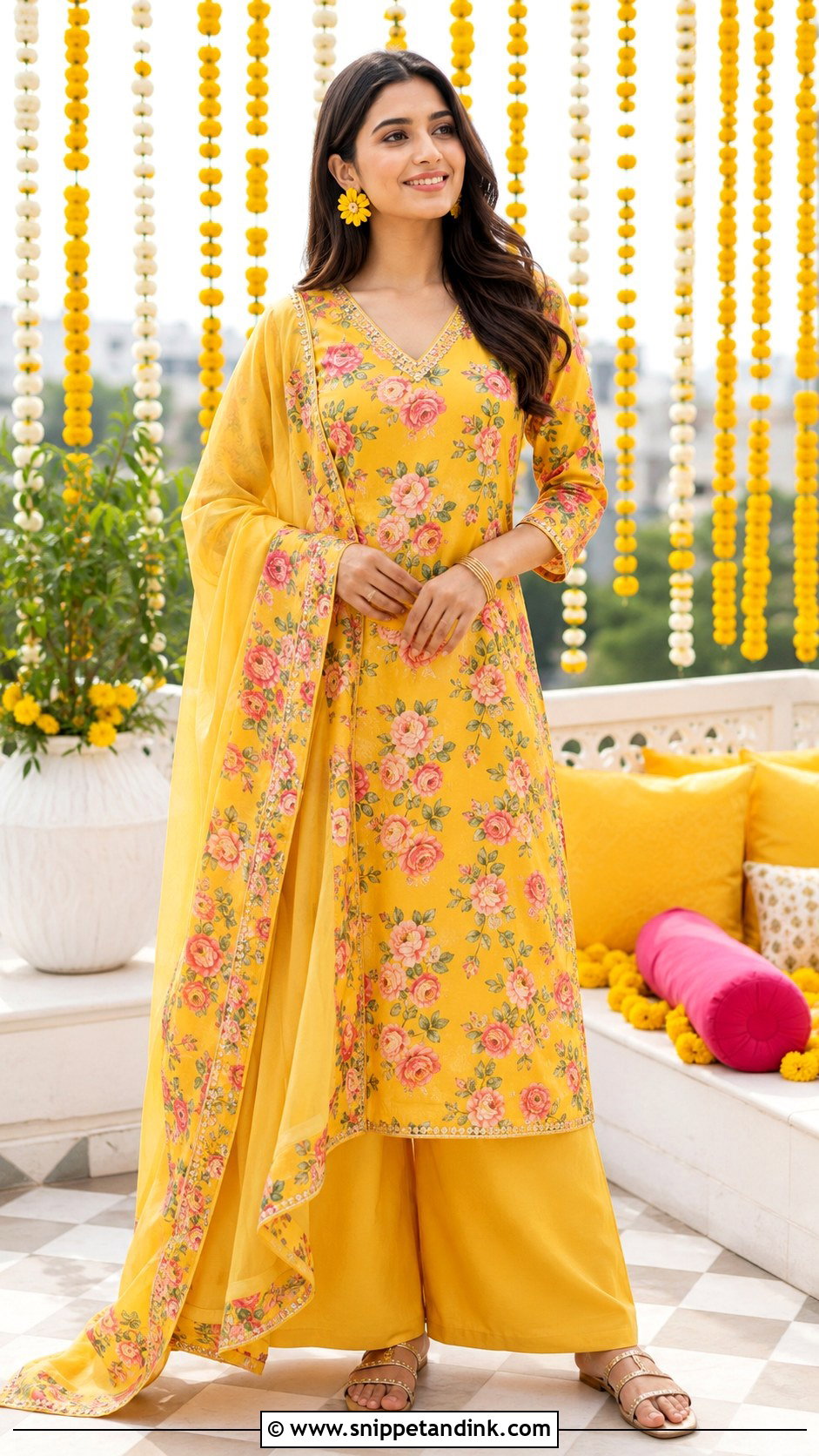 Floral Kurta Palazzo Haldi Outfit - Snippet and Ink - 20 Floral Haldi Outfit Ideas