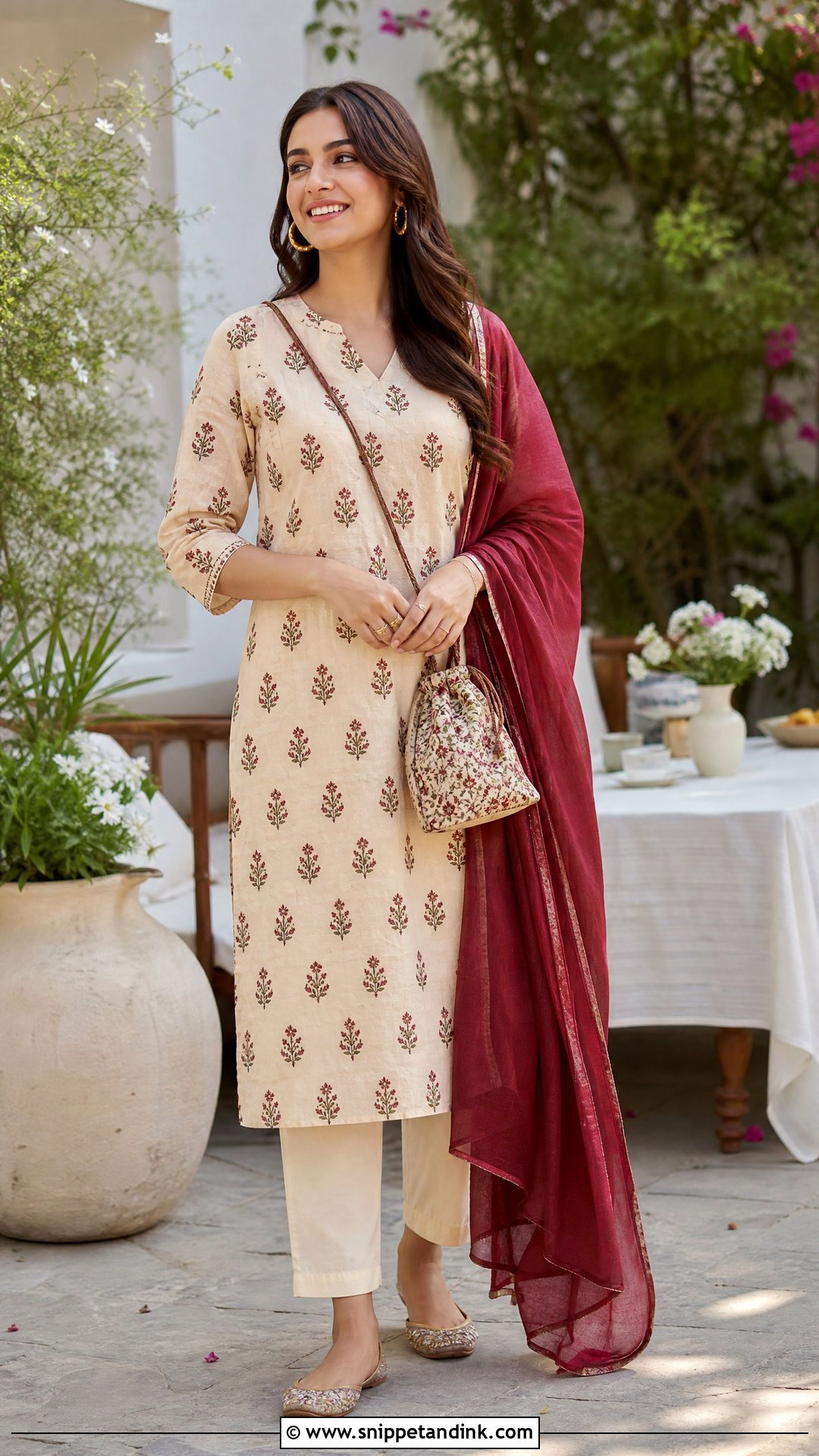 Floral Kurta Set With Maroon Dupatta - Snippet and Ink - 20 Maroon Dupatta Combination Ideas