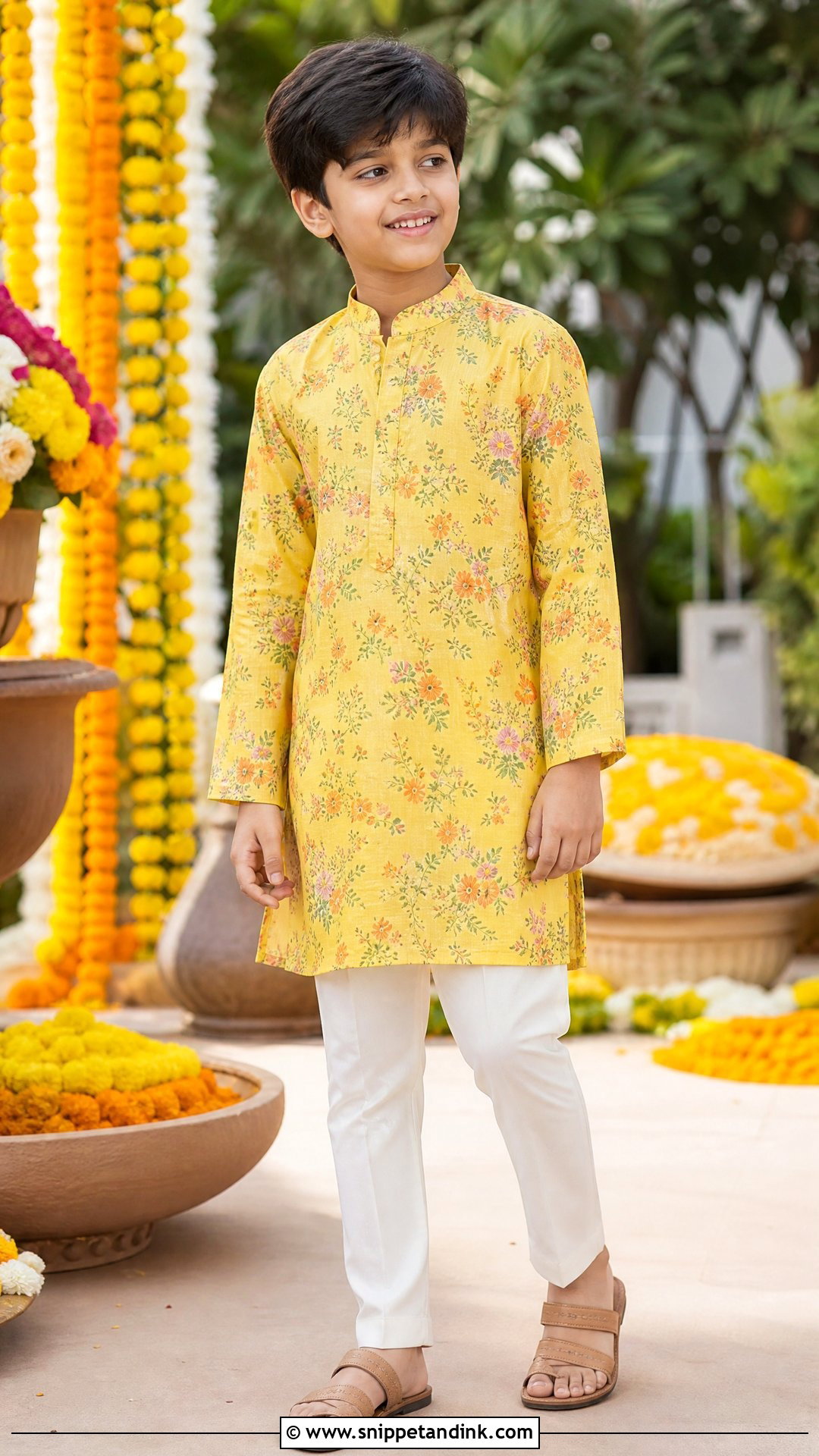 Floral Kurta With White Pants Haldi Outfit - Snippet and Ink - 20 Boys Haldi Outfit Ideas