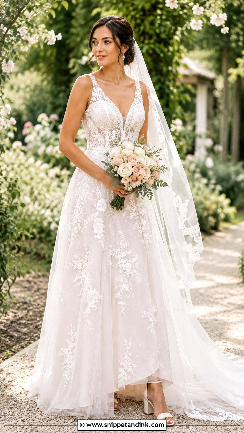Floral Lace A Line Wedding Dress With V Neckline - Snippet and Ink - 20 Classic a Line Wedding Dress Ideas