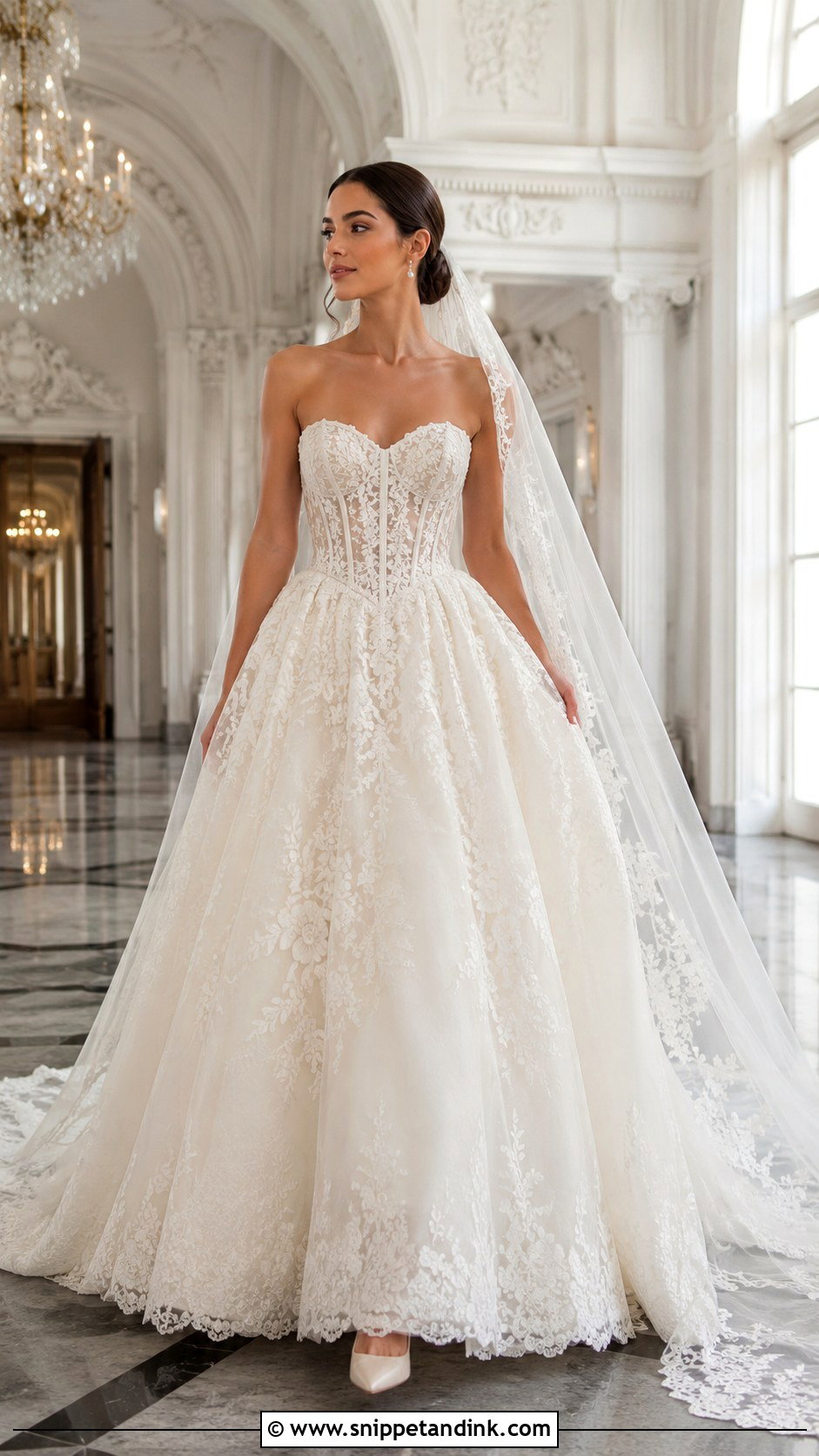 Floral Lace Basque Waist Wedding Dress - Snippet and Ink - 25 Floral Lace Wedding Dress Ideas