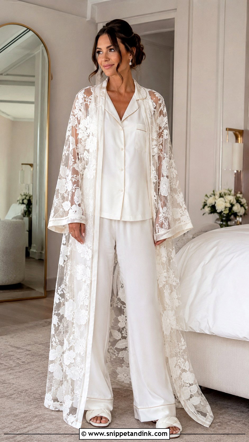 Floral Lace Bridal Robe With Wide Leg Pajamas - Snippet and Ink - 20 Lace Bridal Robe Ideas