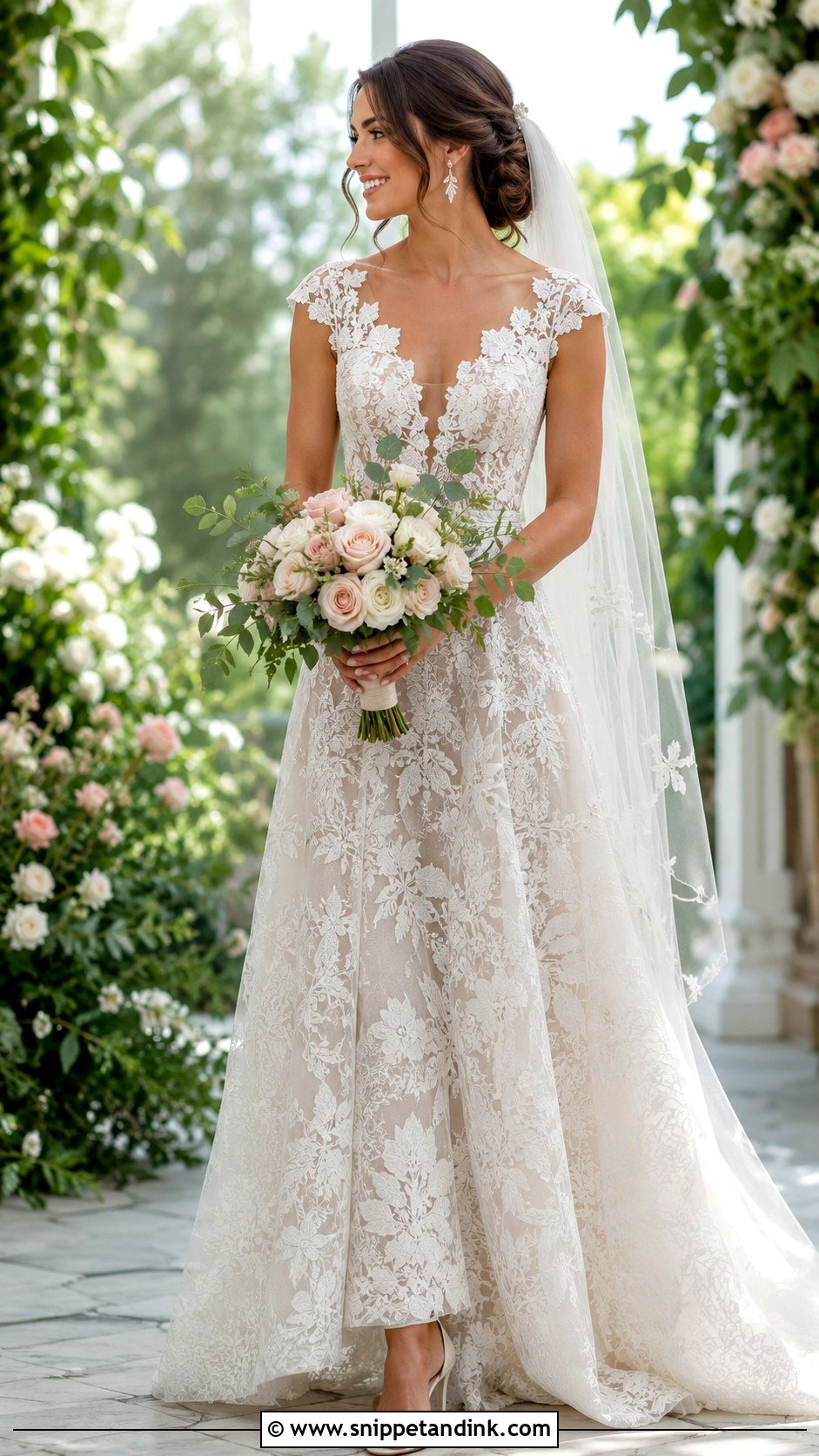 Floral Lace Cap Sleeve Wedding Dress - Snippet and Ink - 20 Lace Cap Sleeve Wedding Dress Ideas