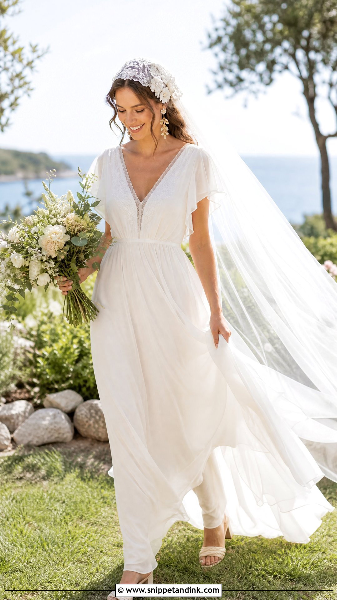 Floral Lace Cap With Chiffon Dress - Snippet and Ink - 20 Wedding Cap Ideas