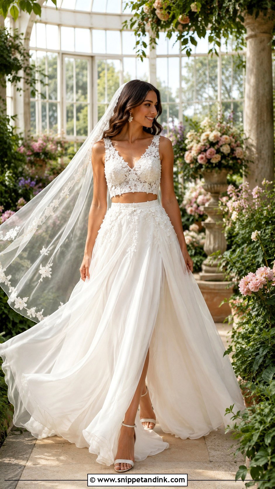 Floral Lace Crop Top Wedding Dress With Organza Skirt - Snippet and Ink - 20 Crop Top Wedding Dress Ideas