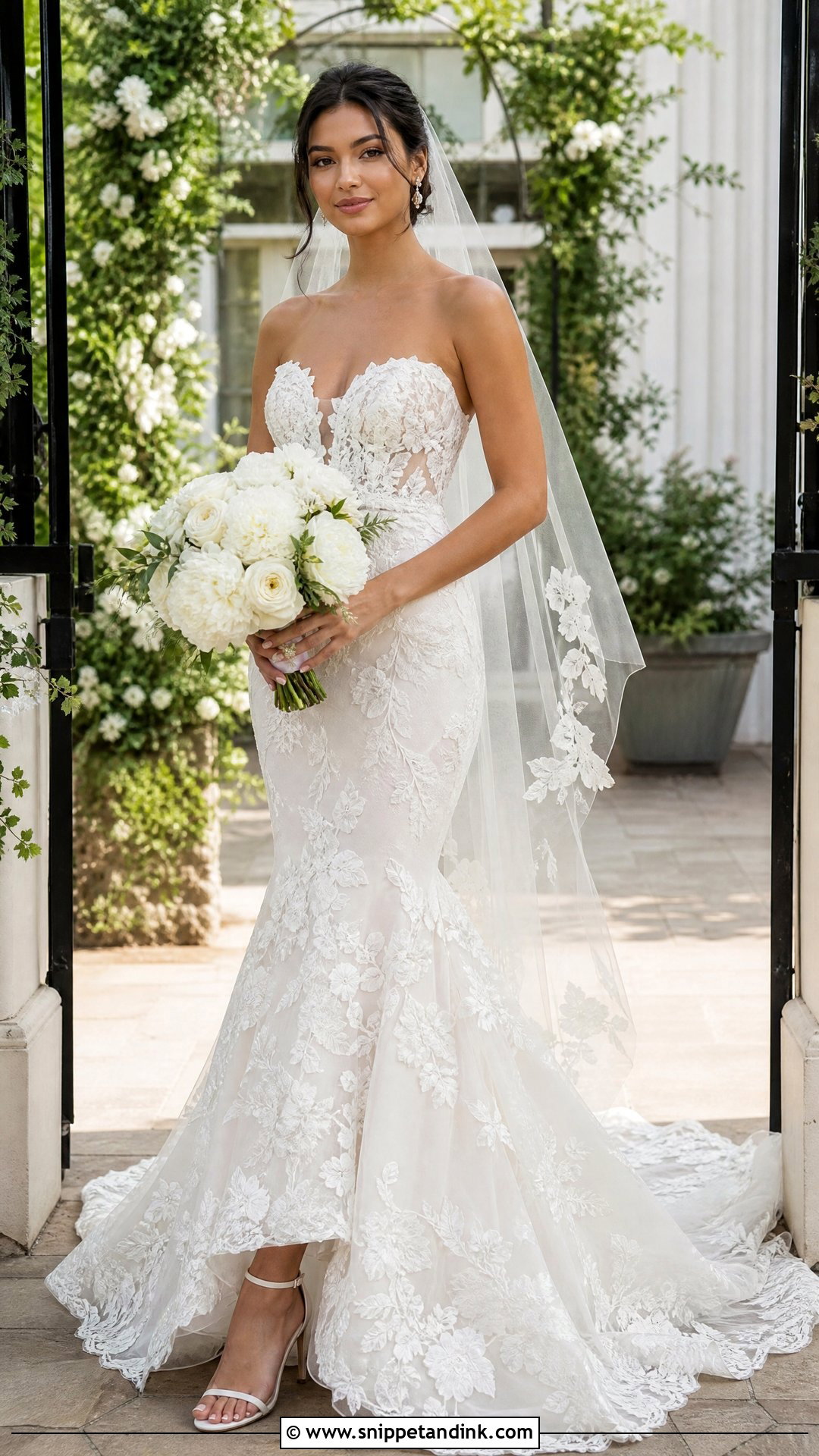 Floral Lace Fishtail Wedding Dress - Snippet and Ink - 20 Hailey Beiber Wedding Dress Ideas