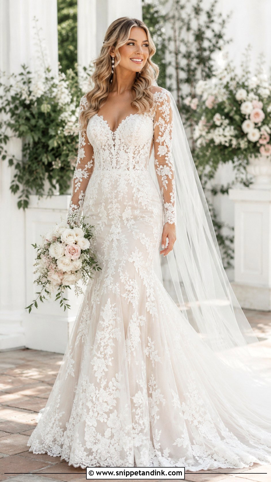 Floral Lace Long Sleeve Mermaid Wedding Dress - Snippet and Ink - 25 Long Sleeve Mermaid Wedding Dress Ideas