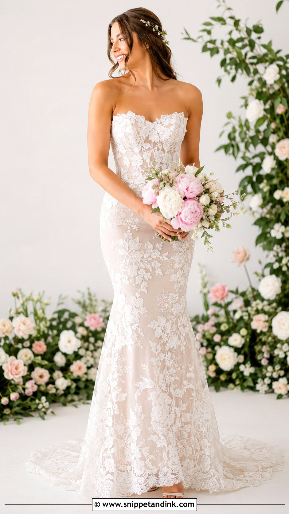 Floral Lace Mermaid Wedding Dress - Snippet and Ink - 20 Fitted Strapless Lace Wedding Dress Ideas