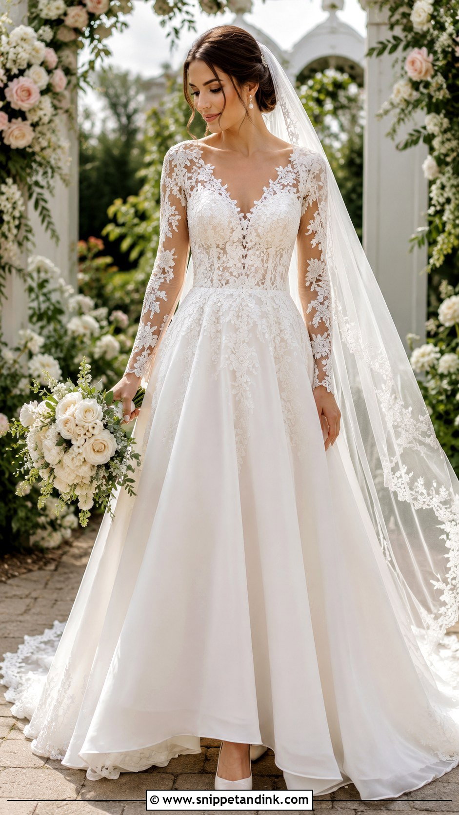 Floral Lace Mesh Sleeve A Line Wedding Dress - Snippet and Ink - 20 Mesh Sleeve Wedding Dress Ideas