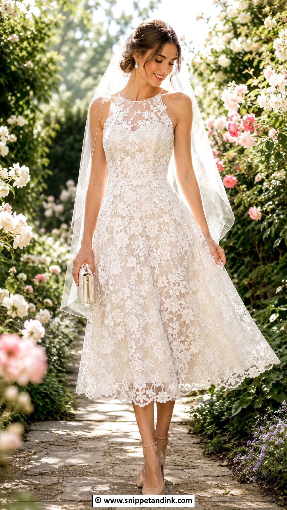 Floral Lace Midi Wedding Dress With Nude Heels - Snippet and Ink - 30 Midi Wedding Dress Ideas