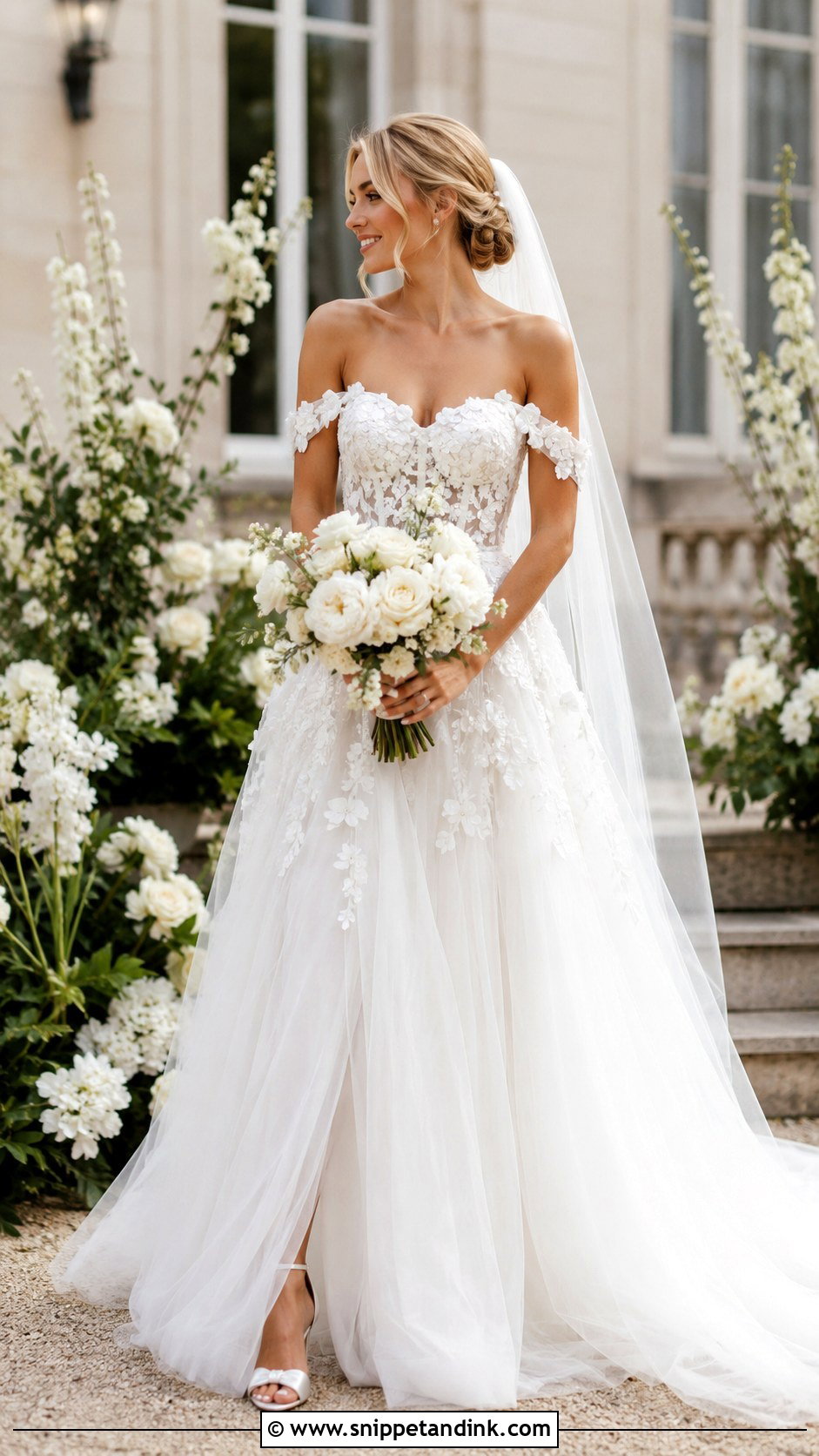Floral Lace Off Shoulder Wedding Dress - Snippet and Ink - 20 Lace Off Shoulder Wedding Dress Ideas
