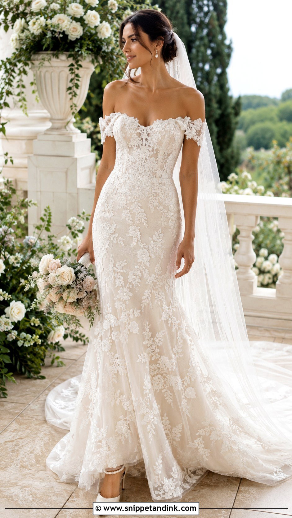Floral Lace Off Shoulder Wedding Dress - Snippet and Ink - 25 Floral Lace Wedding Dress Ideas