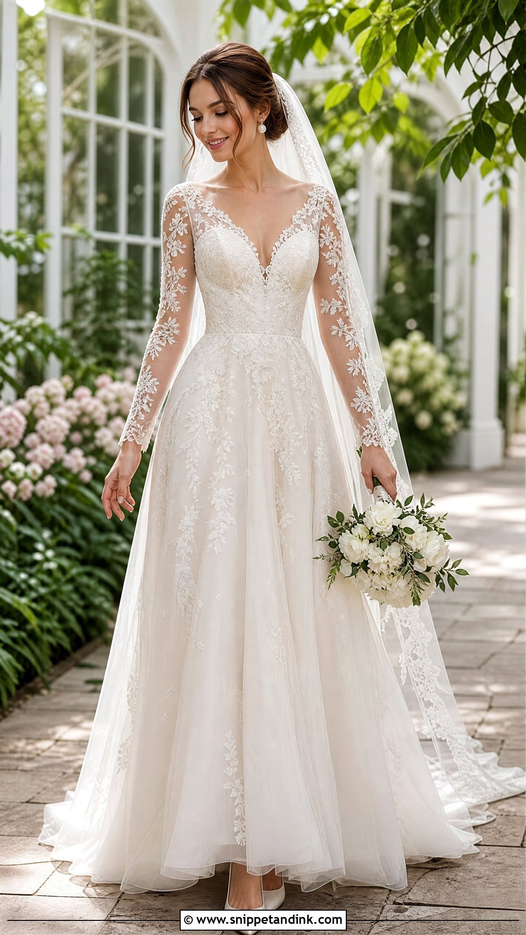 Floral Lace Sheer Sleeve A Line Wedding Dress - Snippet and Ink - 20 Sheer Sleeve Wedding Dress Ideas