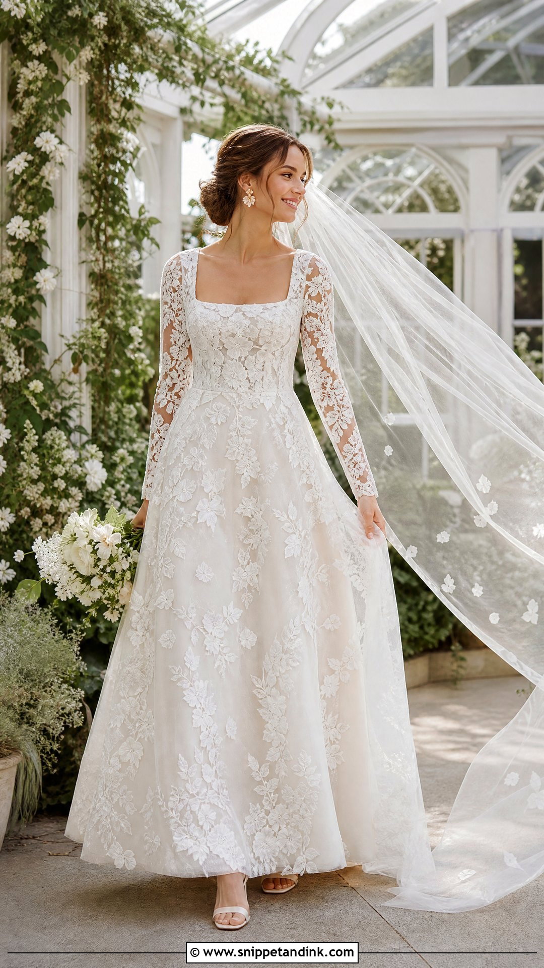 Floral Lace Square Neck Long Sleeve Wedding Dress - Snippet and Ink - 20 Square Neck Long Sleeve Wedding Dress Ideas
