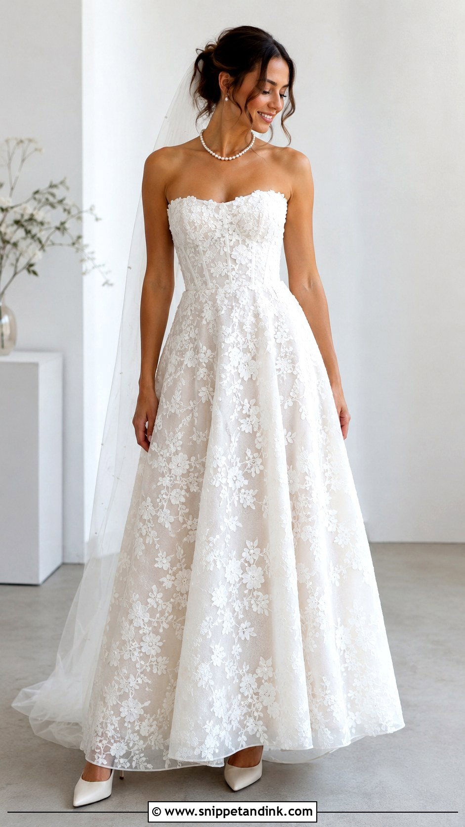 Floral Lace Strapless Wedding Dress - Snippet and Ink - 25 Floral Lace Wedding Dress Ideas