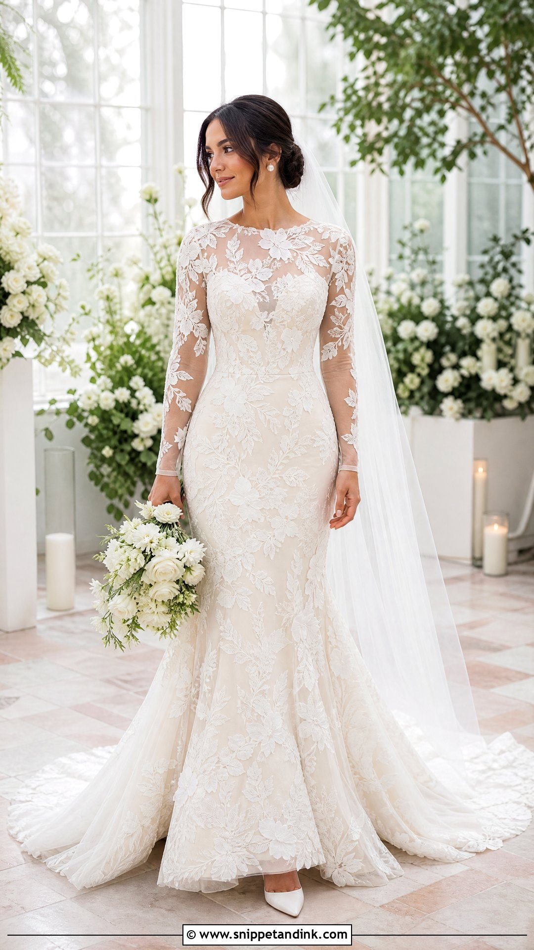 Floral Lace Trumpet Wedding Dress With Sleeves - Snippet and Ink - 20 Trumpet Wedding Dress with Sleeves