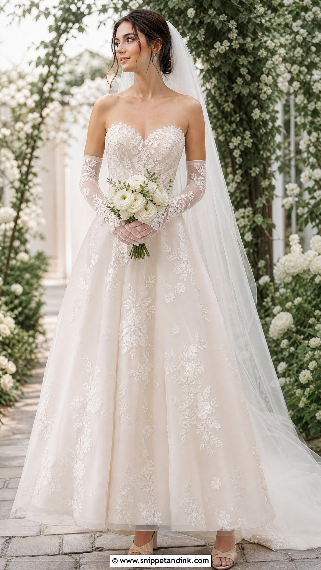 Floral Lace Wedding Dress Gloves With Floral Gown - Snippet and Ink - 25 Wedding Dress Gloves Ideas
