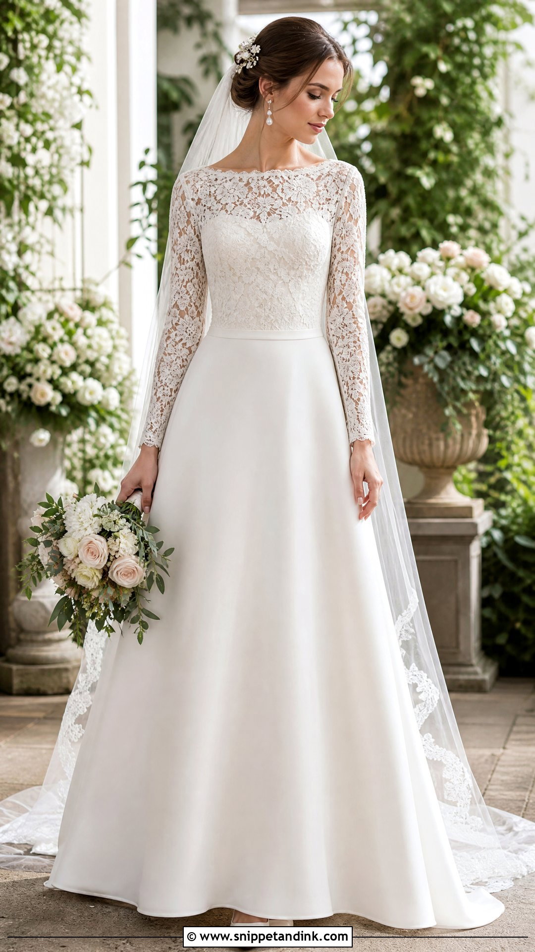 Floral Lace Wedding Dress Topper With A Line Gown - Snippet and Ink - 20 Wedding Dress Topper Long Sleeve Ideas