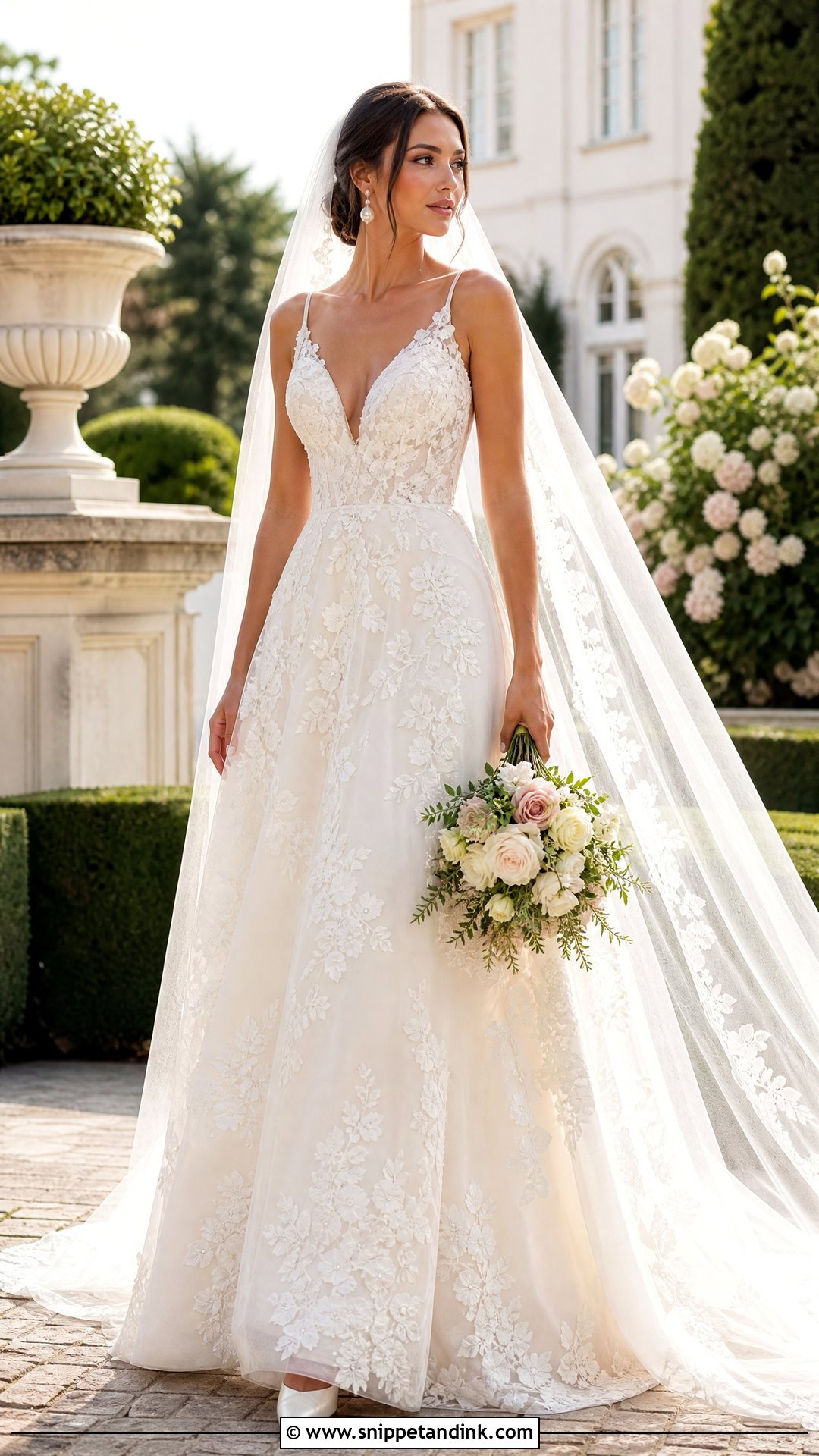 Floral Lace Wedding Dress With Cathedral Veil - Snippet and Ink - 25 Floral Wedding Dresses