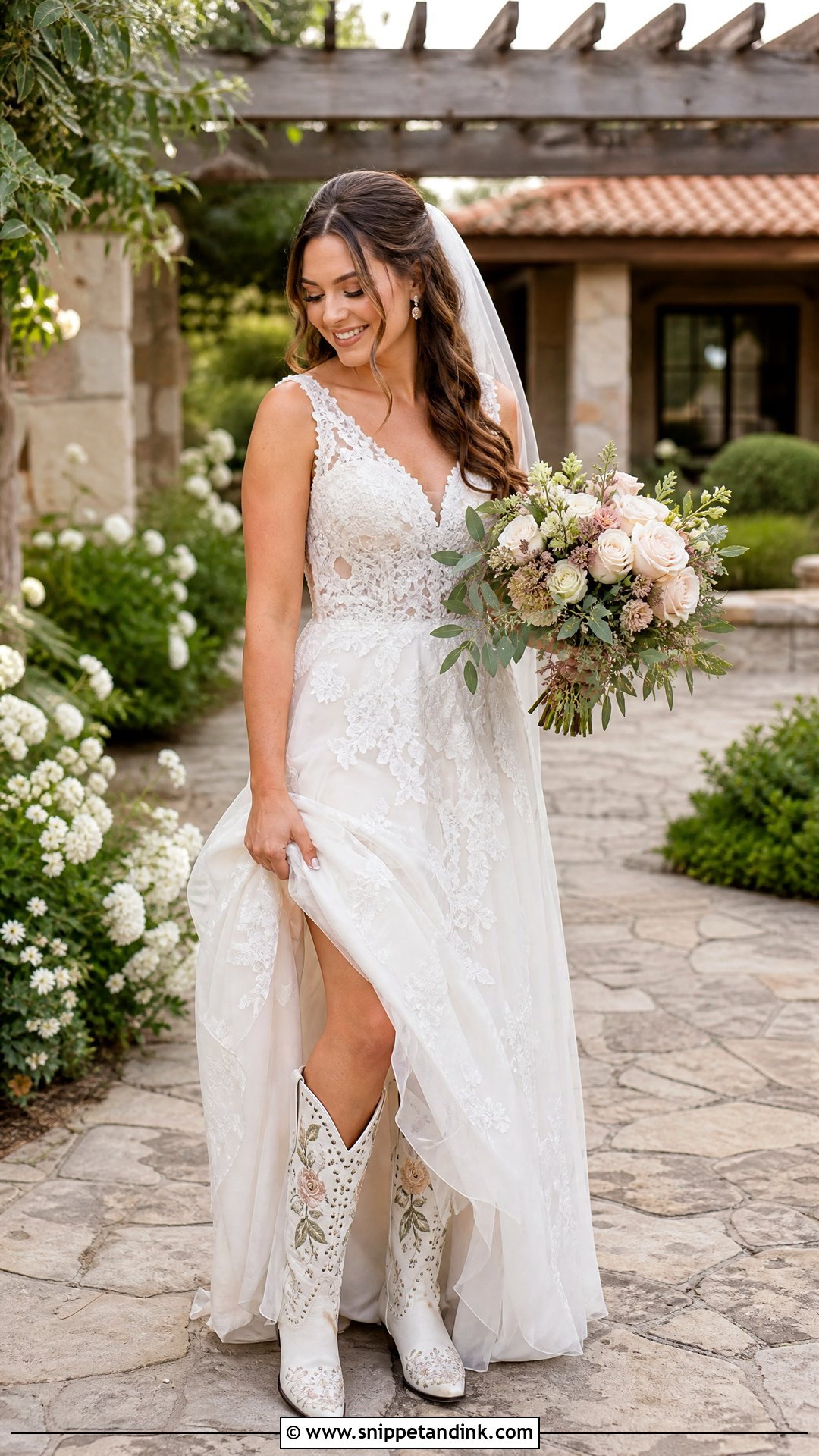 Floral Lace Wedding Dress With Floral Cowboy Boots - Snippet and Ink - 20 Wedding Dress and Cowboy Boots Ideas