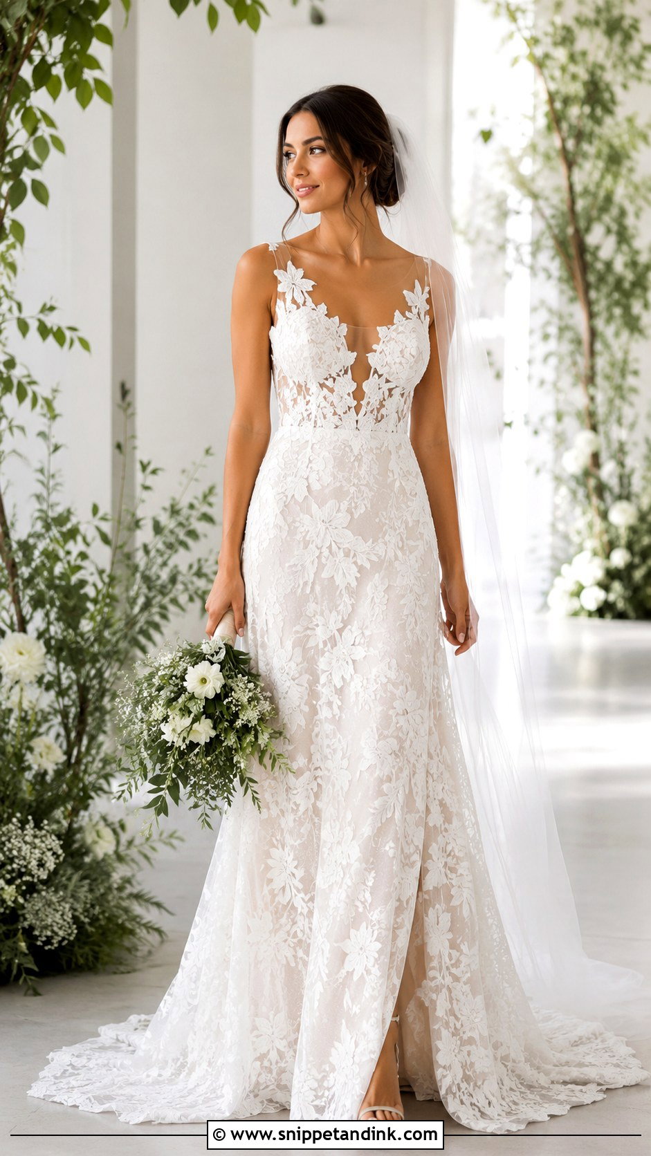 Floral Lace Wedding Dress With Plunging Neckline - Snippet and Ink - 20 Modern Lace Wedding Dress Ideas