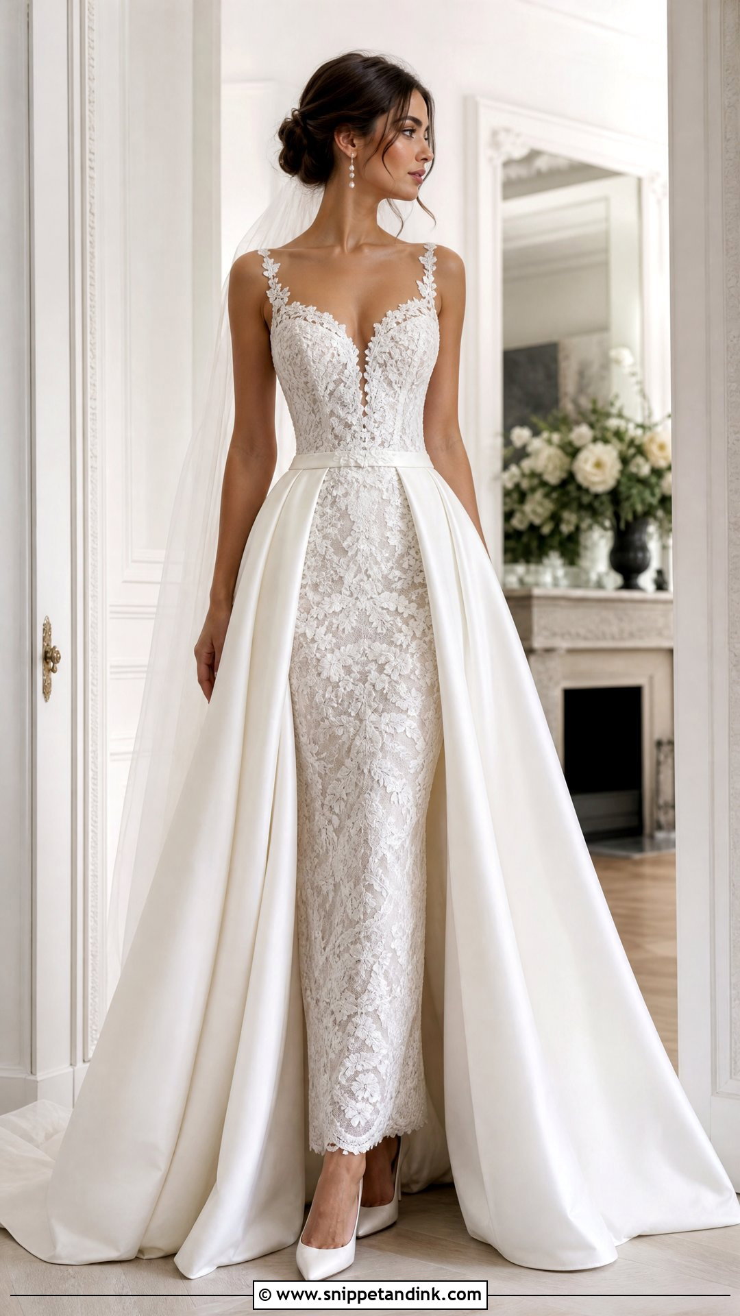 Floral Lace Wedding Dress With Satin Overskirt - Snippet and Ink - 20 Removable Skirt Wedding Dress Ideas