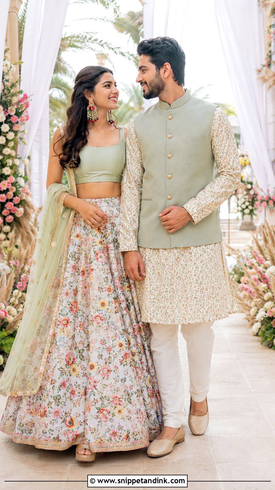 Floral Lehenga And Coordinating Printed Kurta - Snippet and Ink - 20 Couple Matching Dress Indian Wedding Ideas