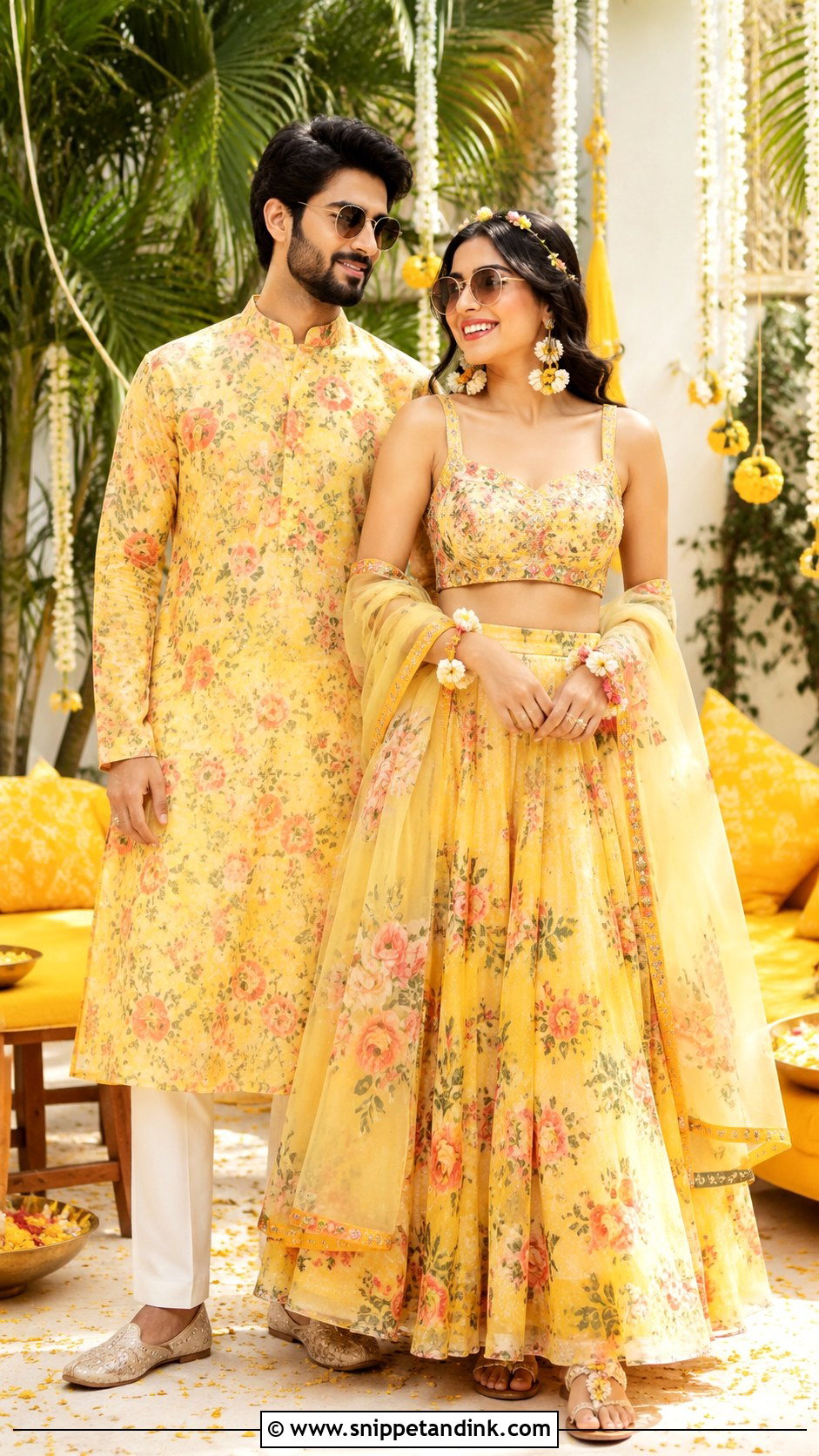 Floral Lehenga And Floral Kurta Haldi Couple Outfit - Snippet and Ink - 25 Haldi Couple Outfits