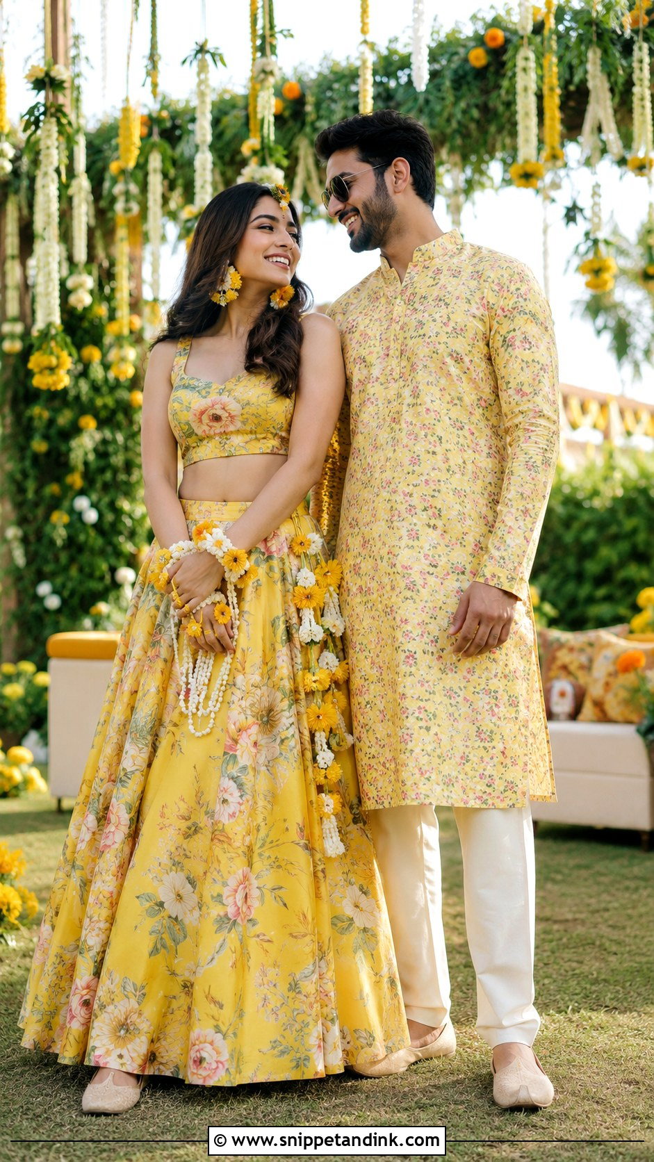 Floral Lehenga And Floral Kurta Haldi Outfits - Snippet and Ink - 20 Haldi Outfits for Couple