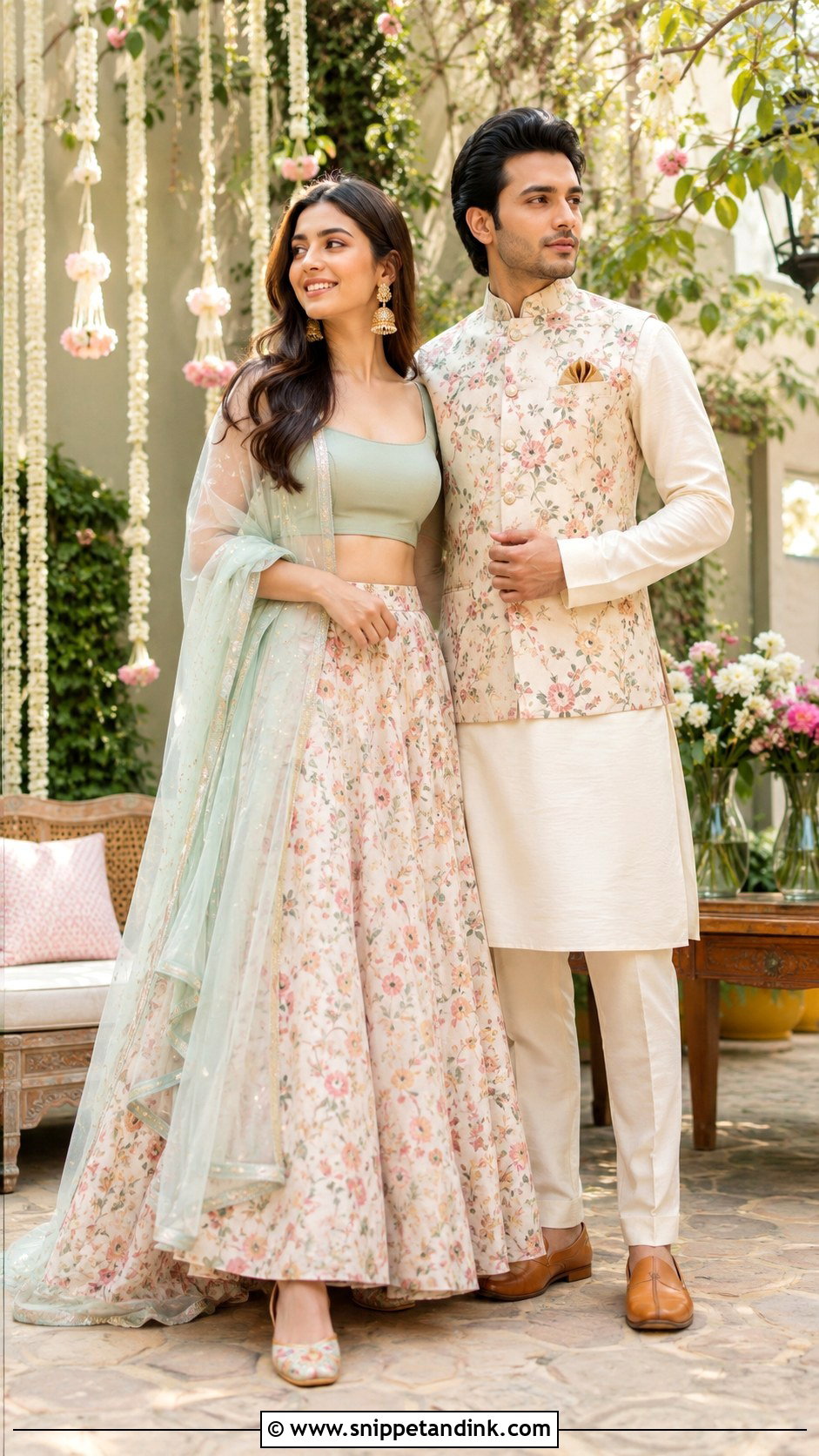 Floral Lehenga And Floral Nehru Jacket Couple Outfit - Snippet and Ink - 20 Couple Matching Indian Outfits