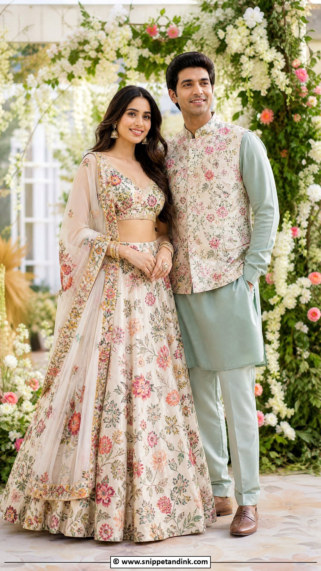 Floral Lehenga And Floral Nehru Jacket - Snippet and Ink - 35 Indian Couple Matching Dress Ideas