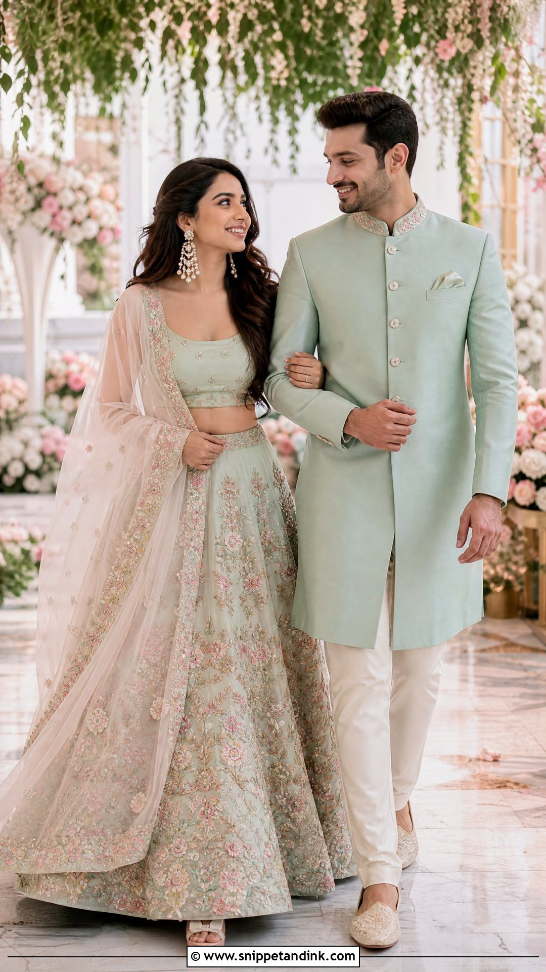 Floral Lehenga And Mint Sherwani Sangeet Couple Outfit - Snippet and Ink - 25 Sangeet Couple Outfits