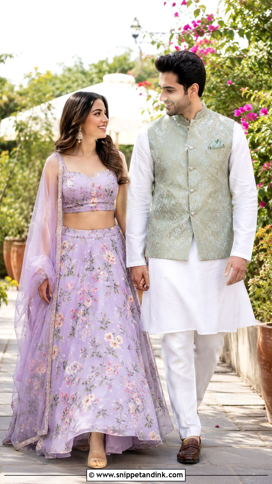Floral Lehenga And Pastel Nehru Jacket Pre Wedding Shoot Outfit - Snippet and Ink - 20 Indian Pre Wedding Shoot Outfit Ideas