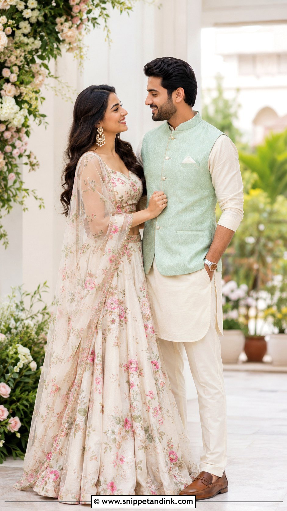 Floral Lehenga And Pastel Nehru Jacket - Snippet and Ink - 25 Indian Couple Ring Ceremony Dress Ideas