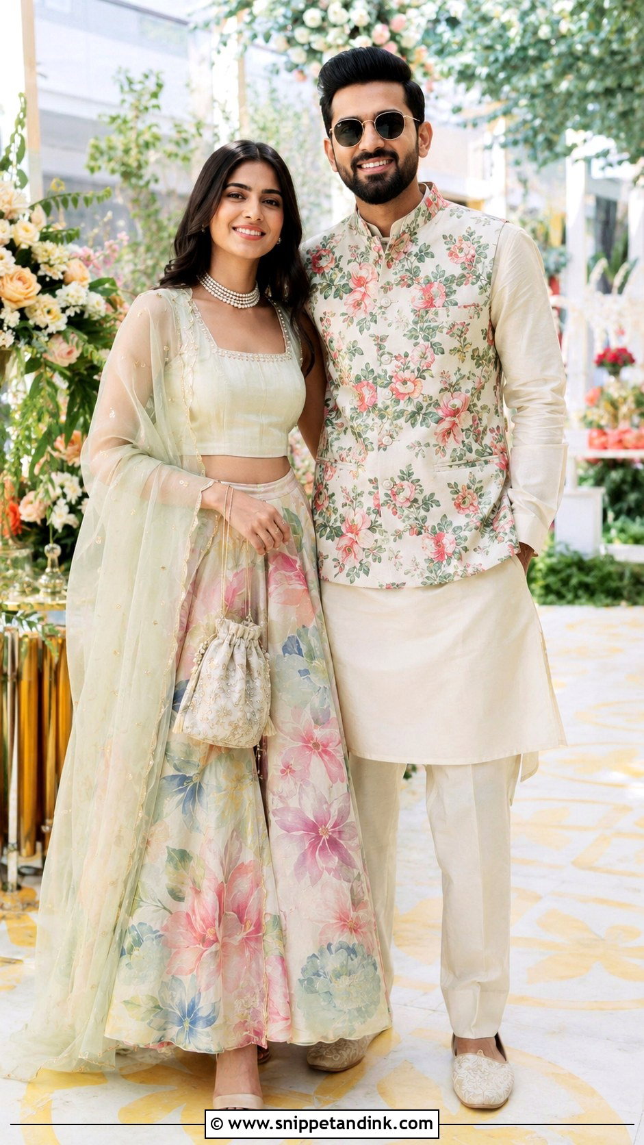 Floral Lehenga And Printed Jacket Kurta Couple Outfit - Snippet and Ink - 20 Desi Couple Outfits