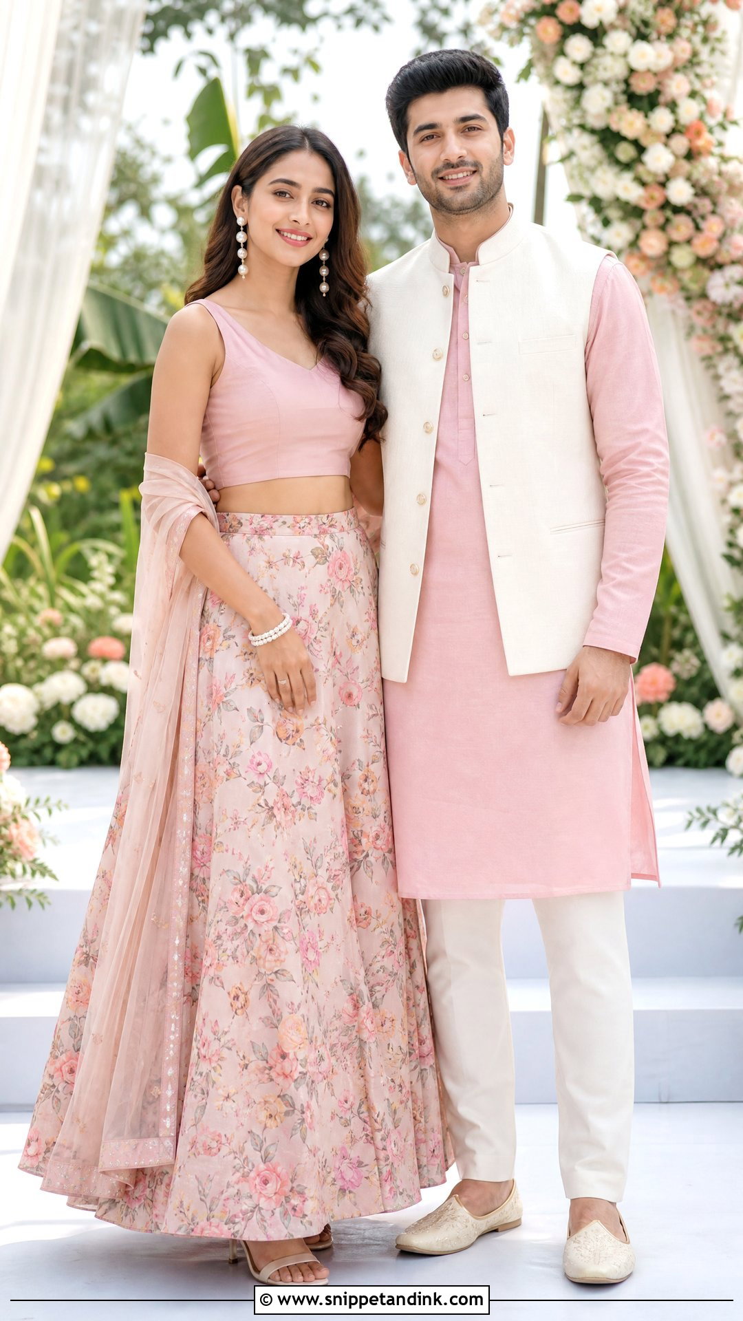 Floral Lehenga And Solid Pastel Kurta - Snippet and Ink - 20 Ring Ceremony Couple Dress Ideas