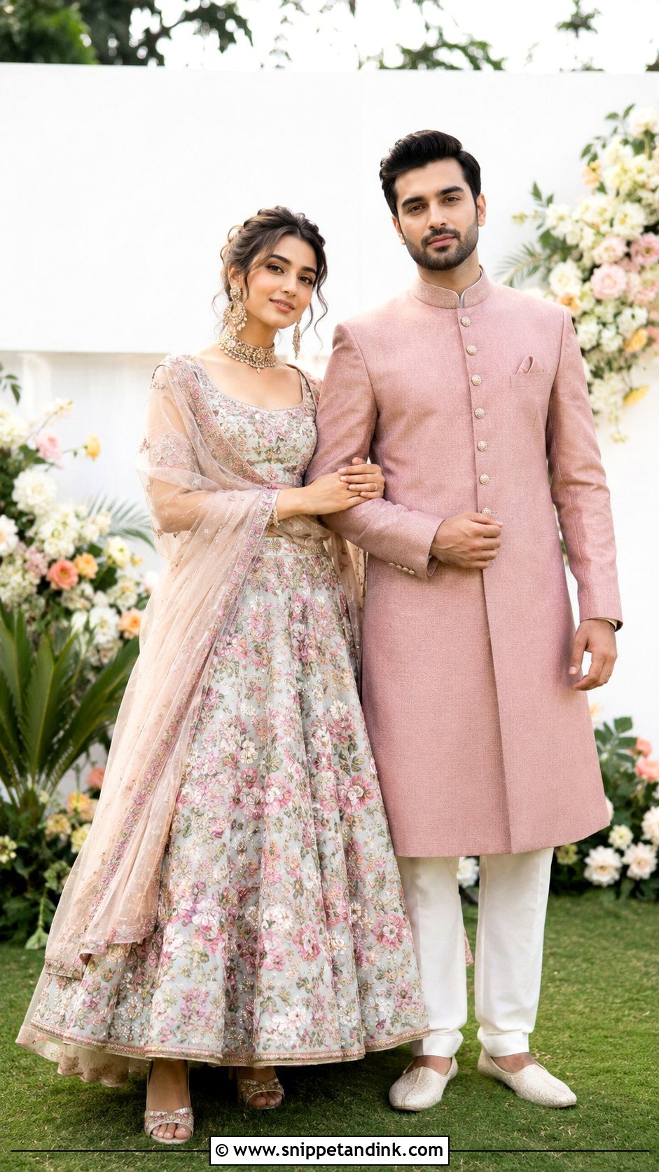 Floral Lehenga And Solid Sherwani Wedding Couple Dress Combination - Snippet and Ink - 25 Wedding Couple Dress Combination Ideas
