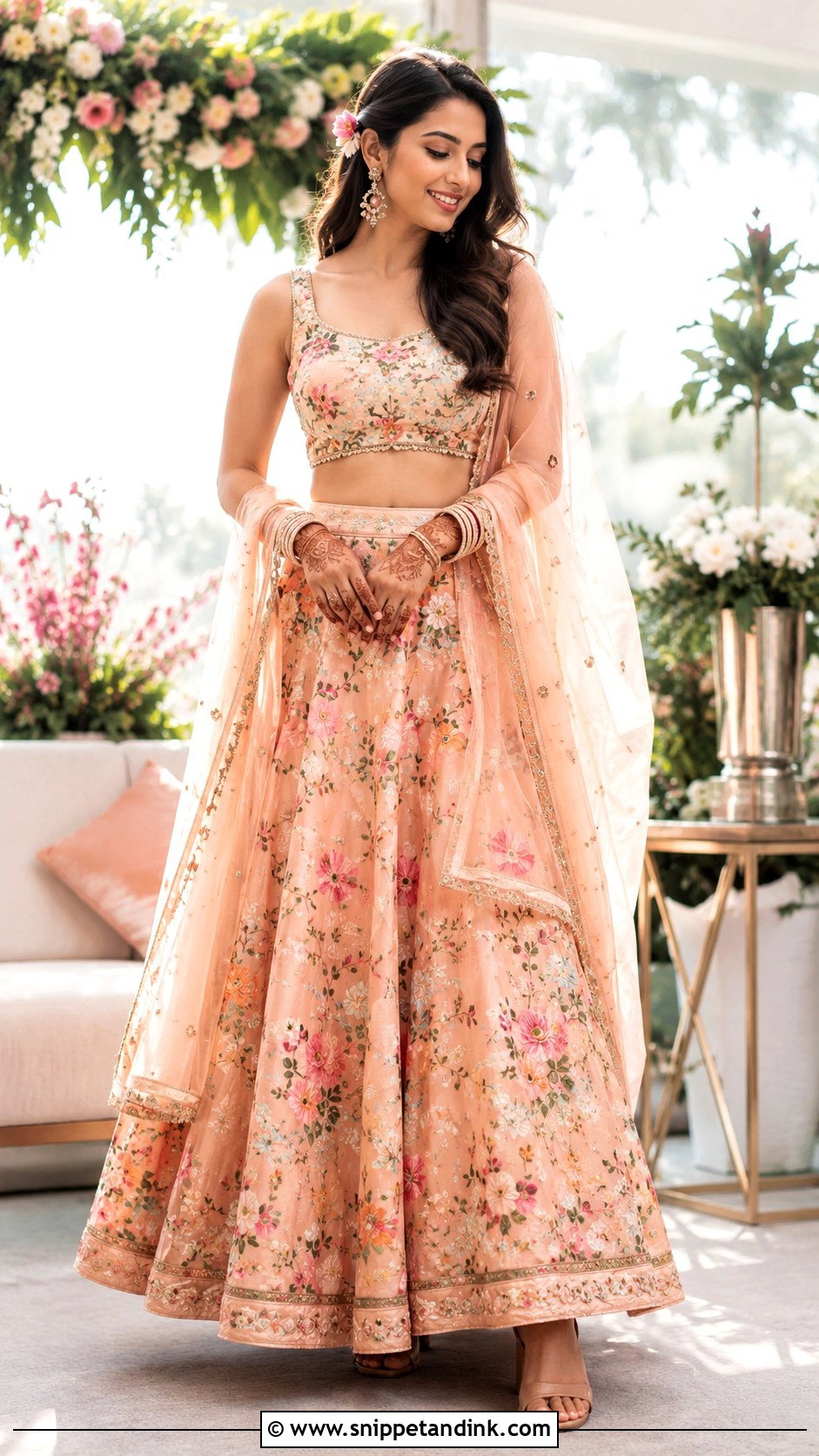 Floral Lehenga Bangle Ceremony Outfit - Snippet and Ink - 25 Bangle Ceremony Outfit for Bride Ideas