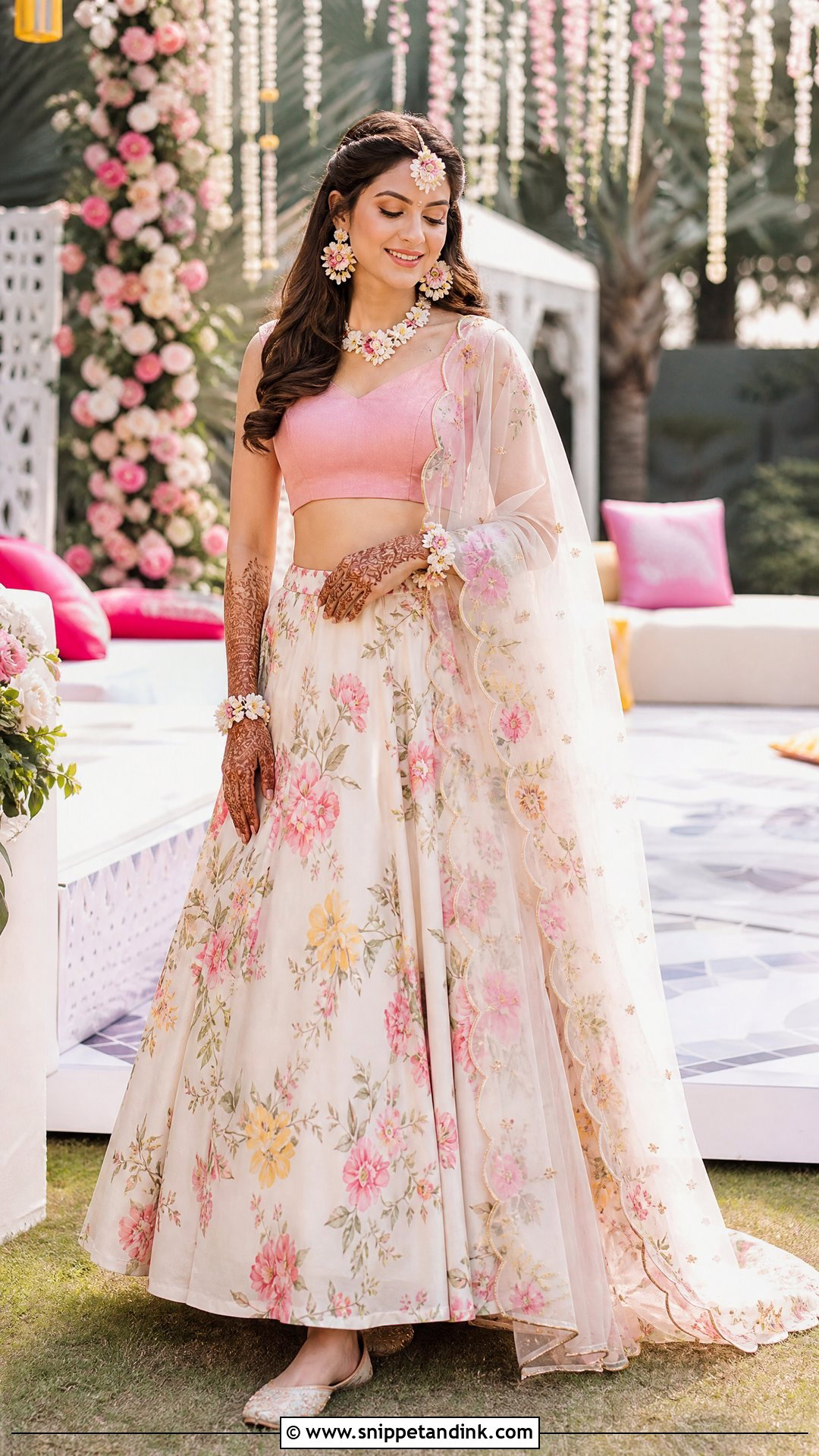 Floral Lehenga Bridal Mehndi Outfit - Snippet and Ink - 20 Simple Bridal Mehndi Outfit Ideas
