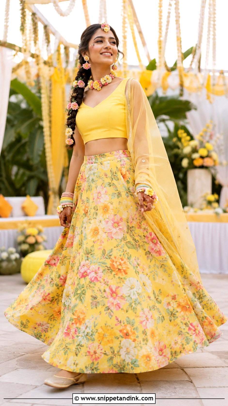 Floral Lehenga Bride Haldi Outfit - Snippet and Ink - 20 Bride Haldi Outfit Ideas
