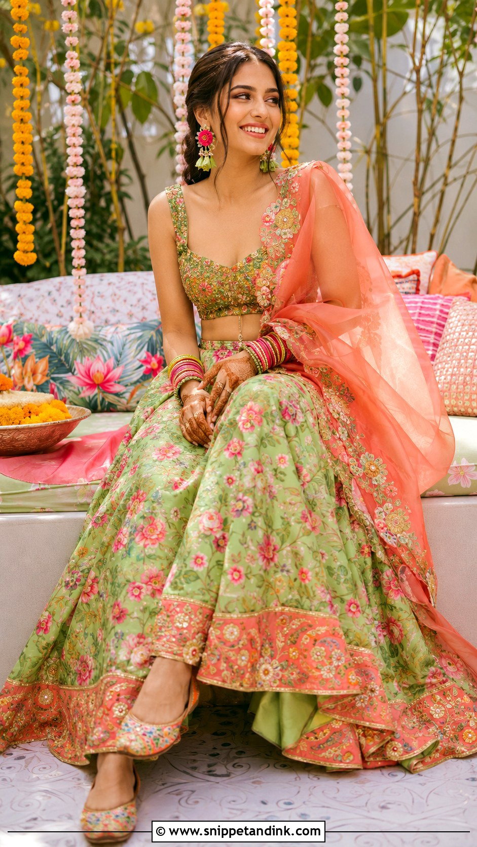Floral Lehenga For Indian Wedding Mehendi - Snippet and Ink - 20 Indian Wedding Season Outfit Ideas