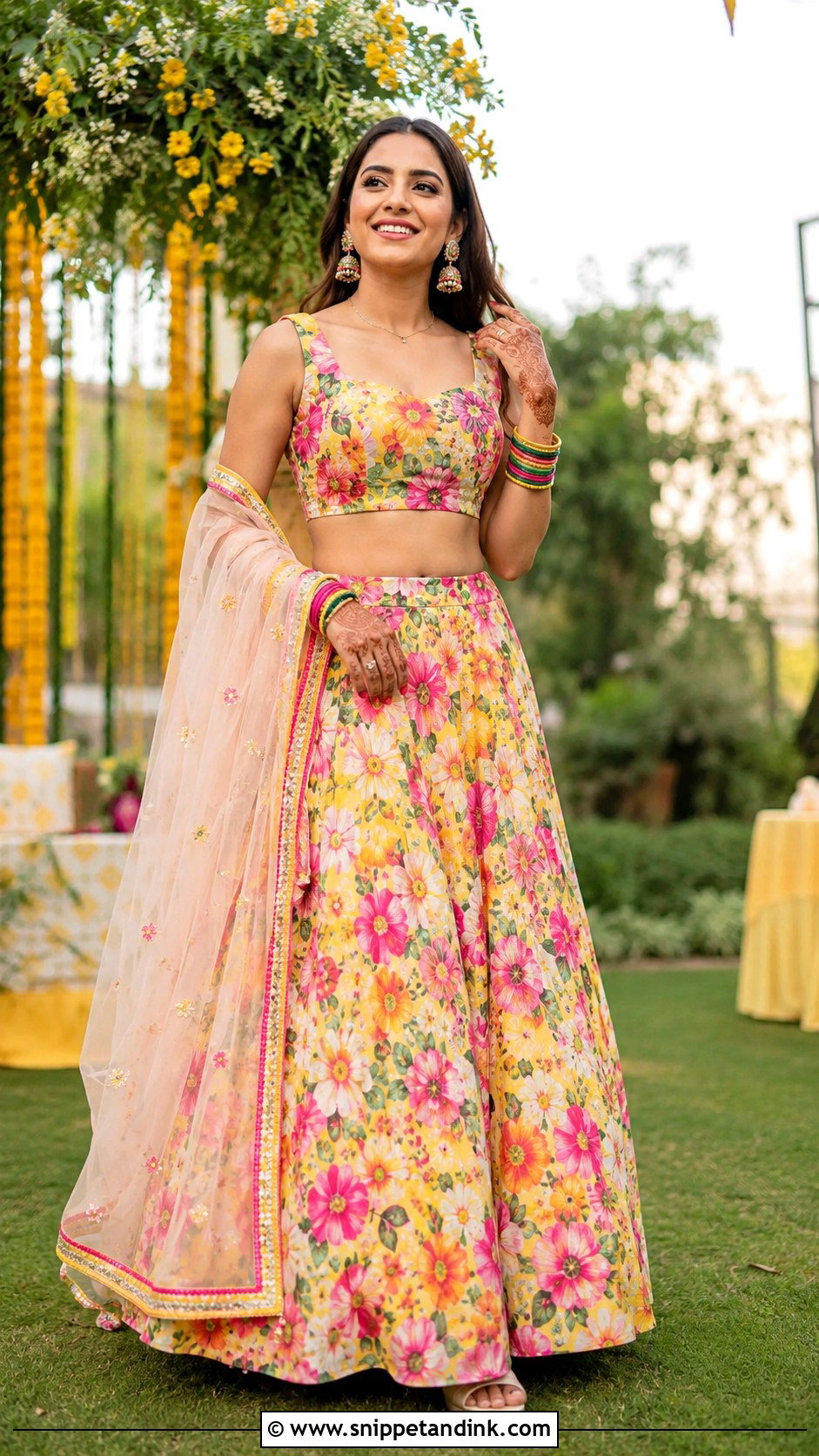 Floral Lehenga For Mehendi - Snippet and Ink - 25 Indian Friends Wedding Outfit Ideas