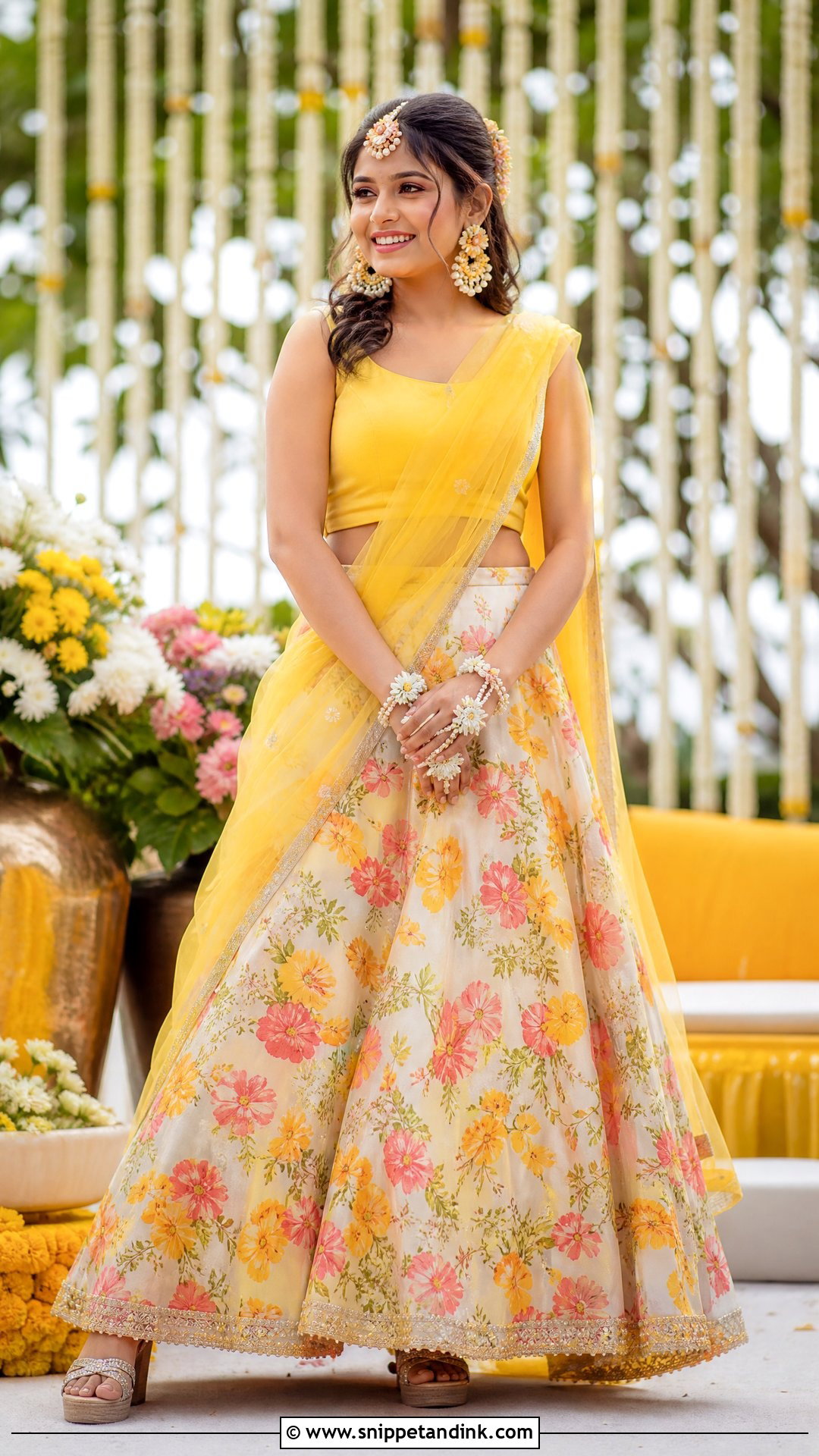 Floral Lehenga Haldi Dress - Snippet and Ink - 20 Haldi Wedding Dress Ideas