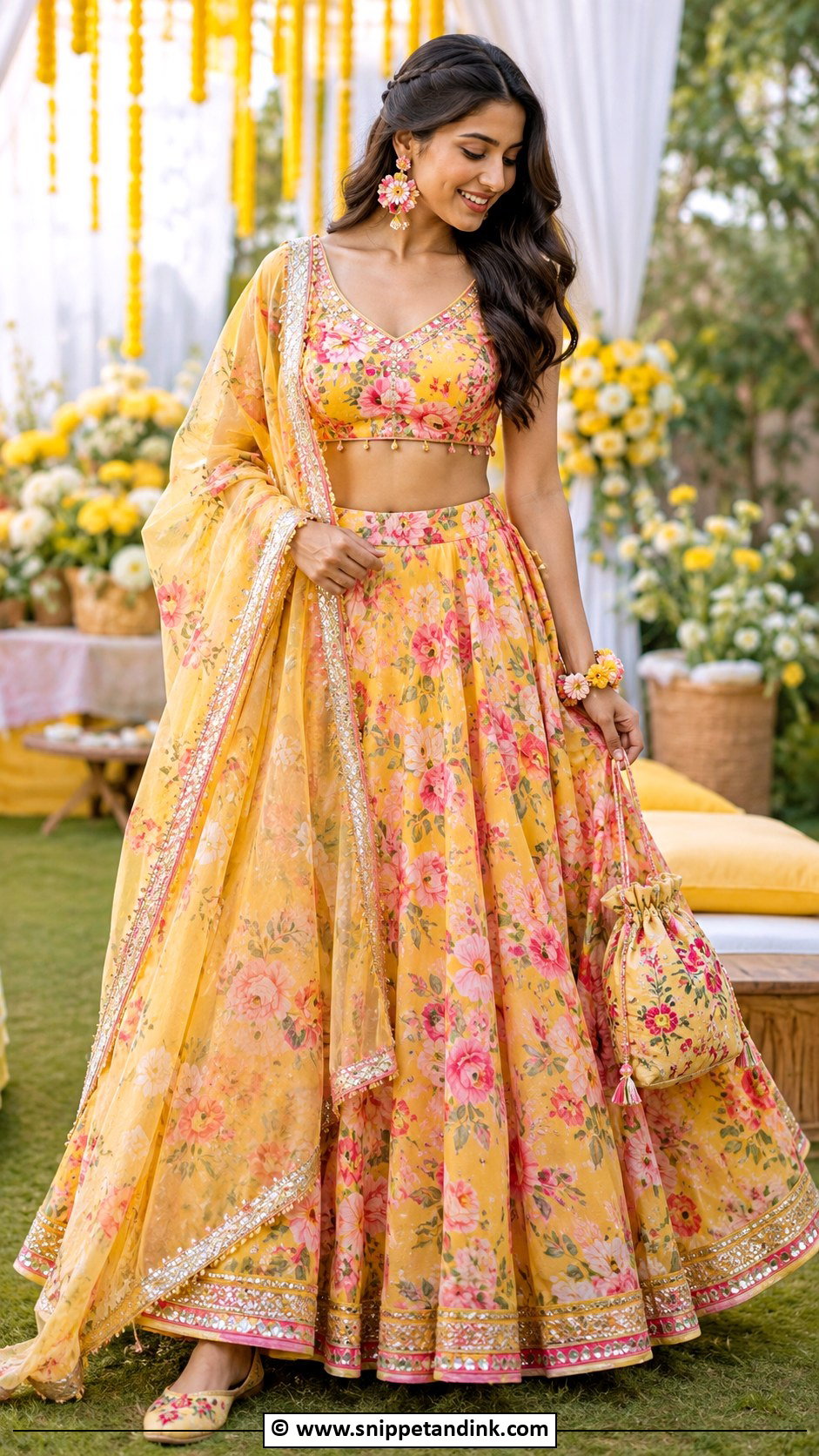 Floral Lehenga Haldi Outfit - Snippet and Ink - 30 Haldi Theme Ideas Outfit
