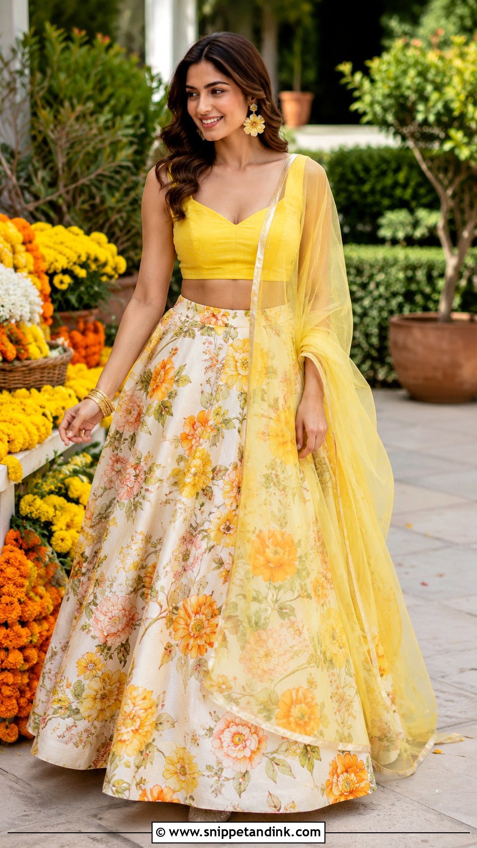 Floral Lehenga Haldi Outfit - Snippet and Ink - 20 Haldi Ceremony Outfit for Girls Ideas