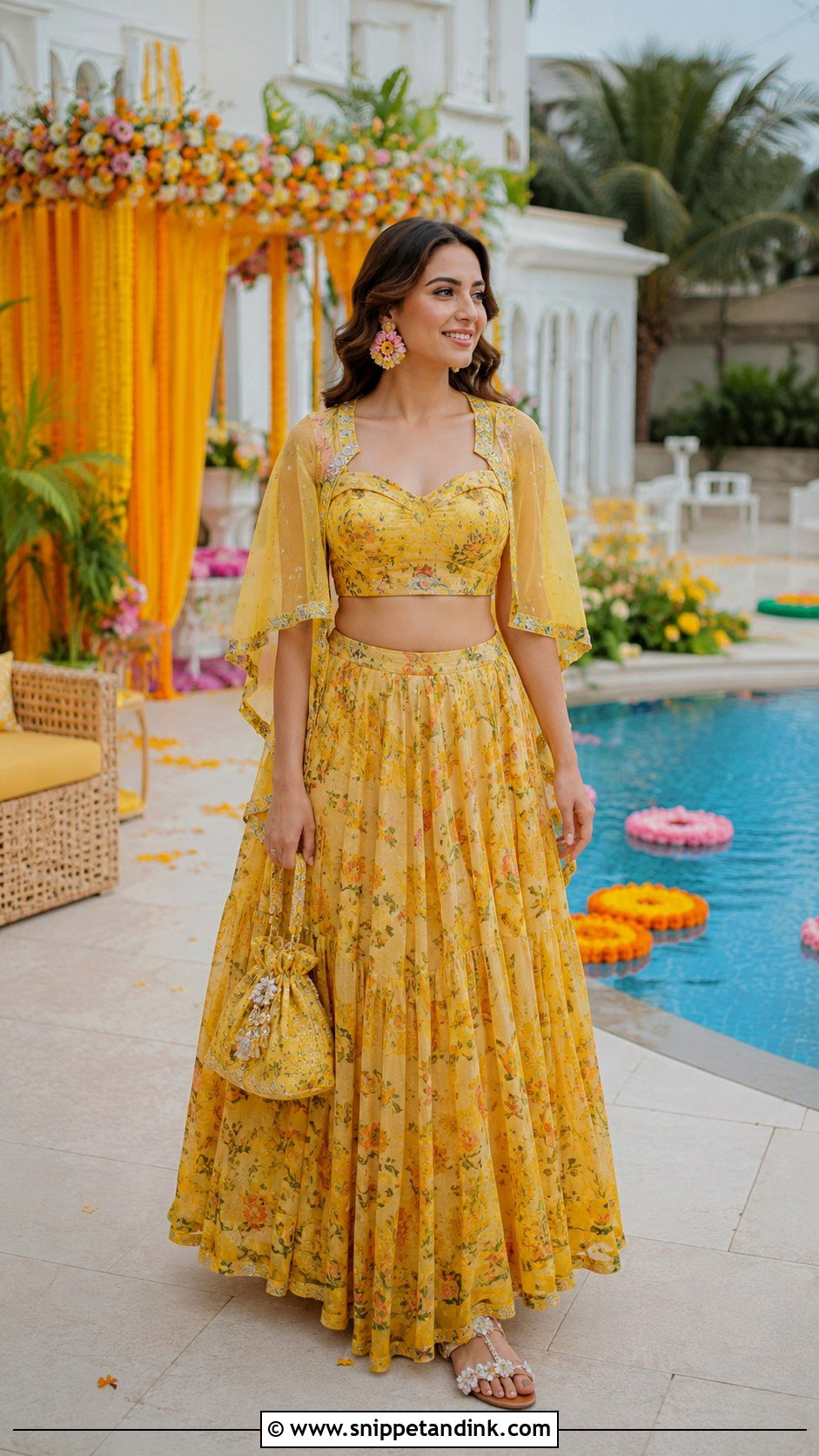 Floral Lehenga Haldi Pool Party Outfit - Snippet and Ink - 20 Haldi Pool Party Outfit Ideas