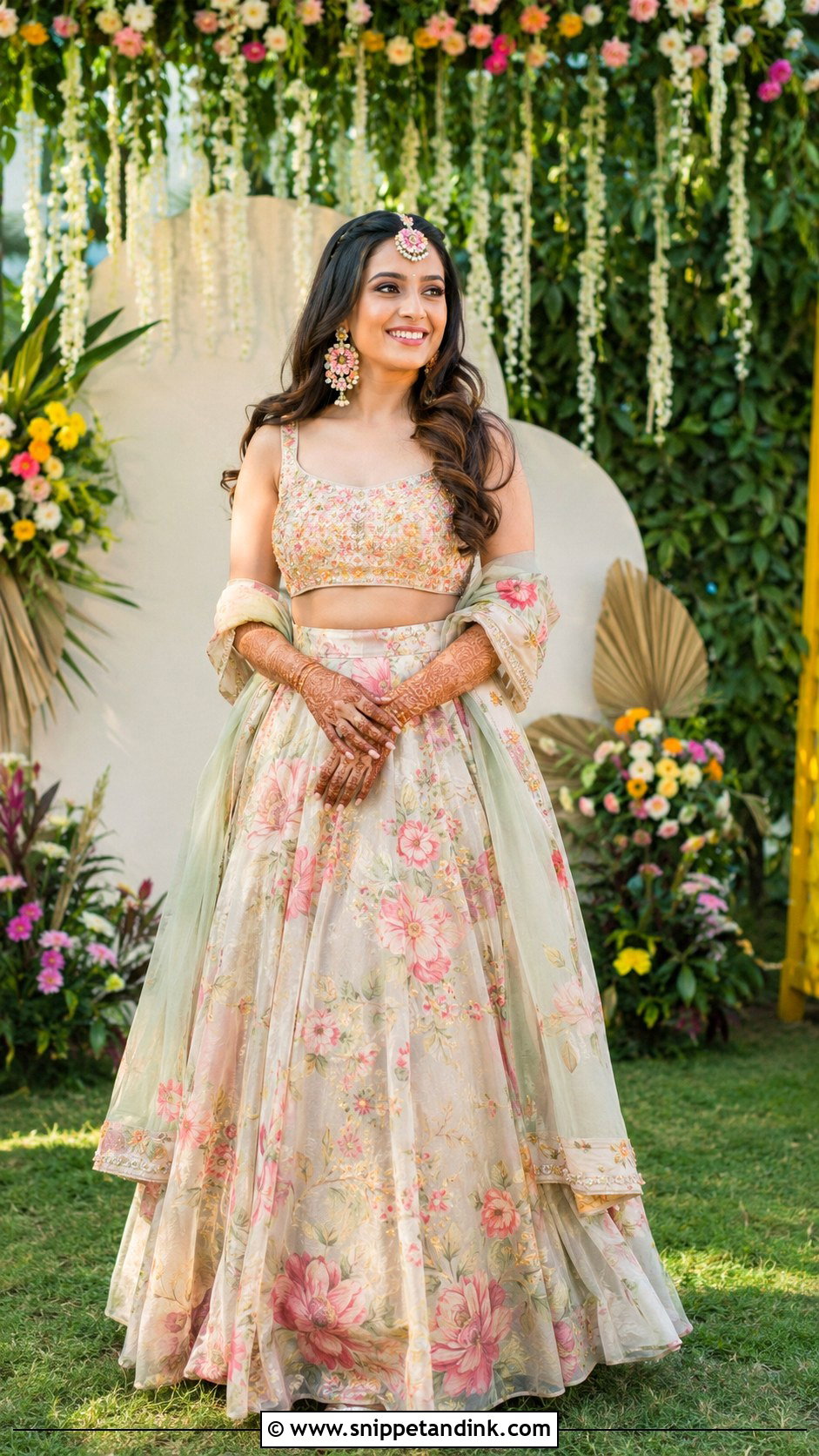 Floral Lehenga Mehandi Outfit - Snippet and Ink - 25 Indian Bridal Mehandi Outfits Brides