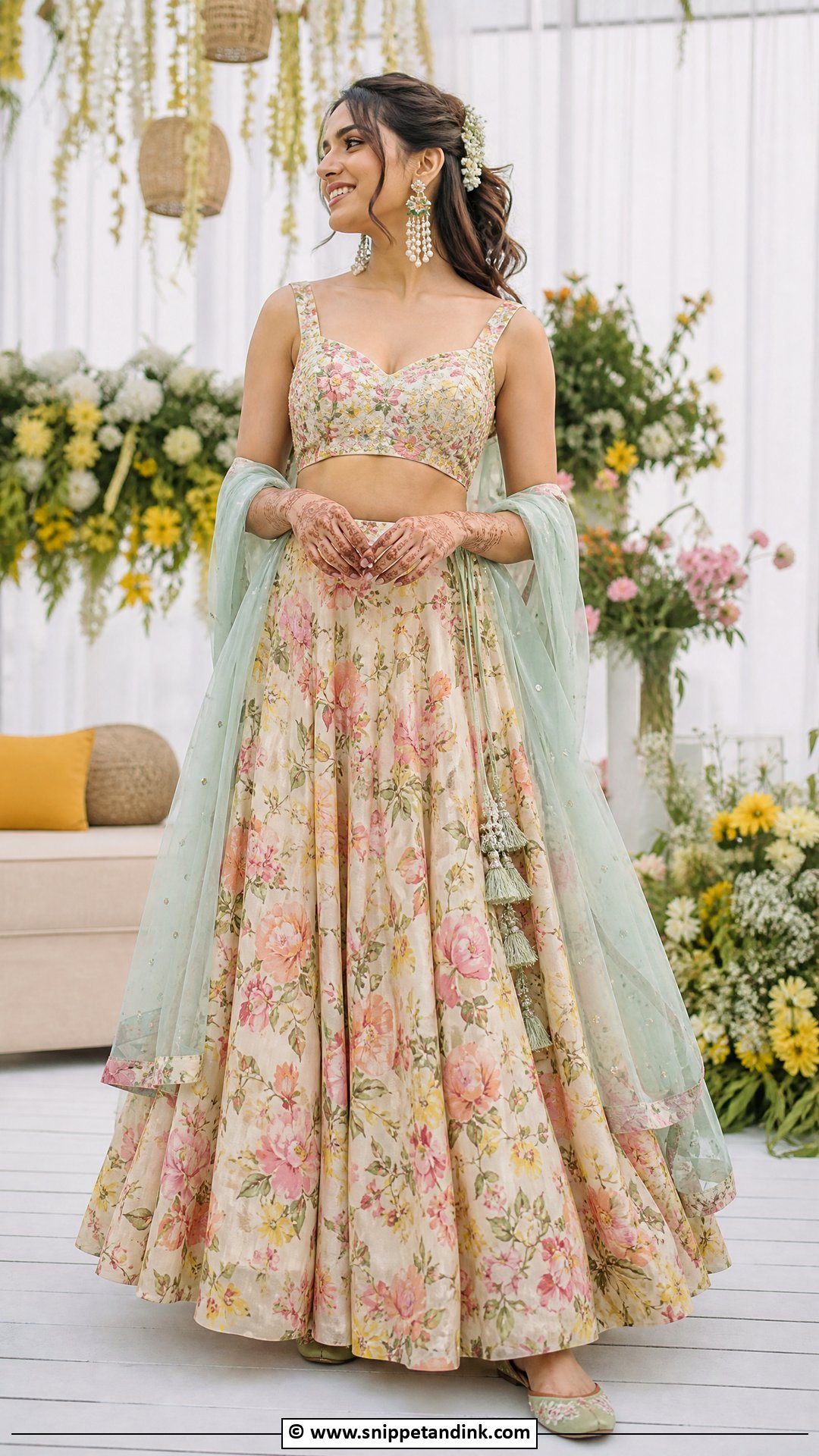 Floral Lehenga Mehendi Outfit - Snippet and Ink - 35 Mehendi Outfits for Bride