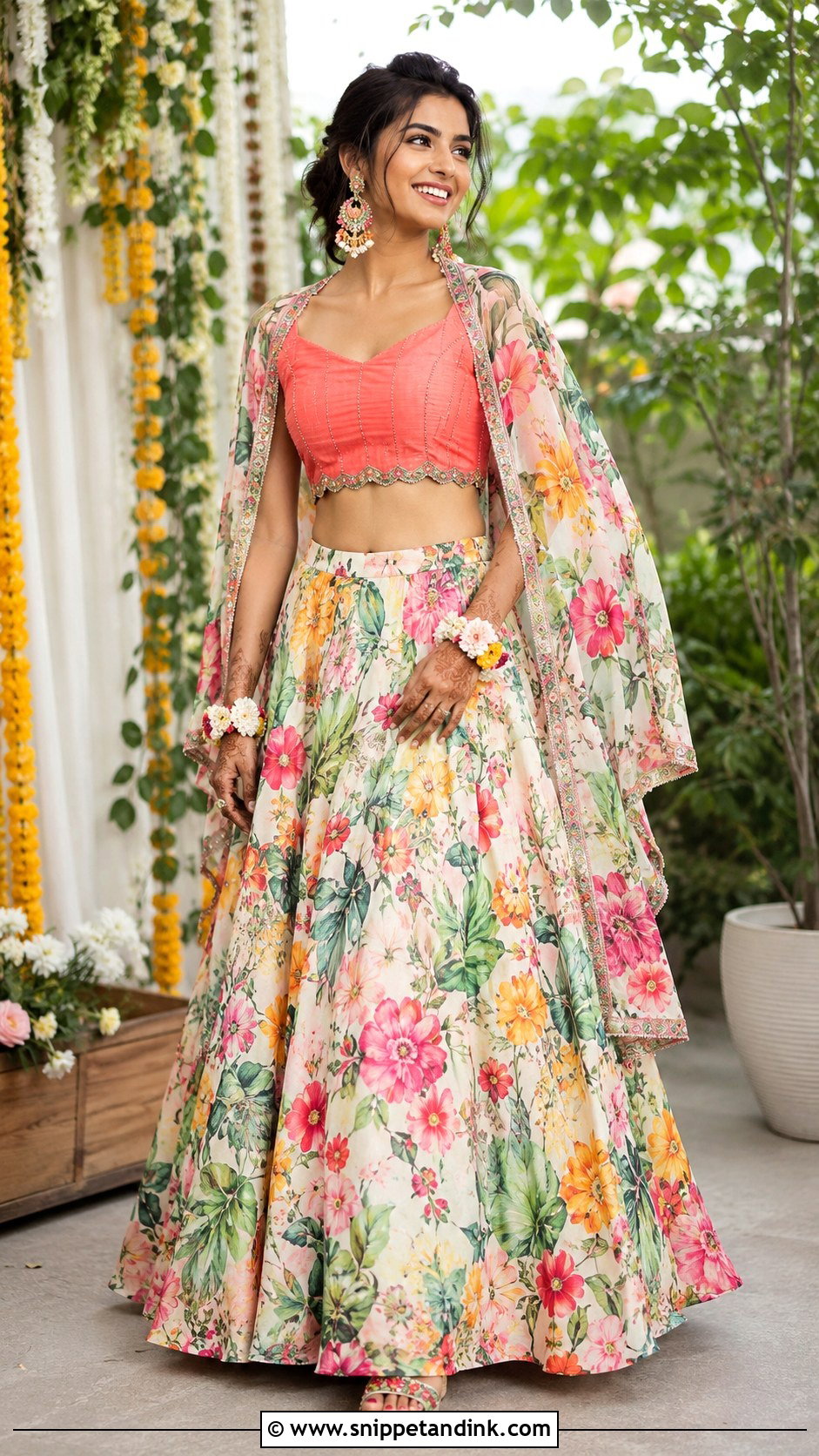 Floral Lehenga Mehndi Outfit - Snippet and Ink - 20 Indian Prewedding Outfit Ideas